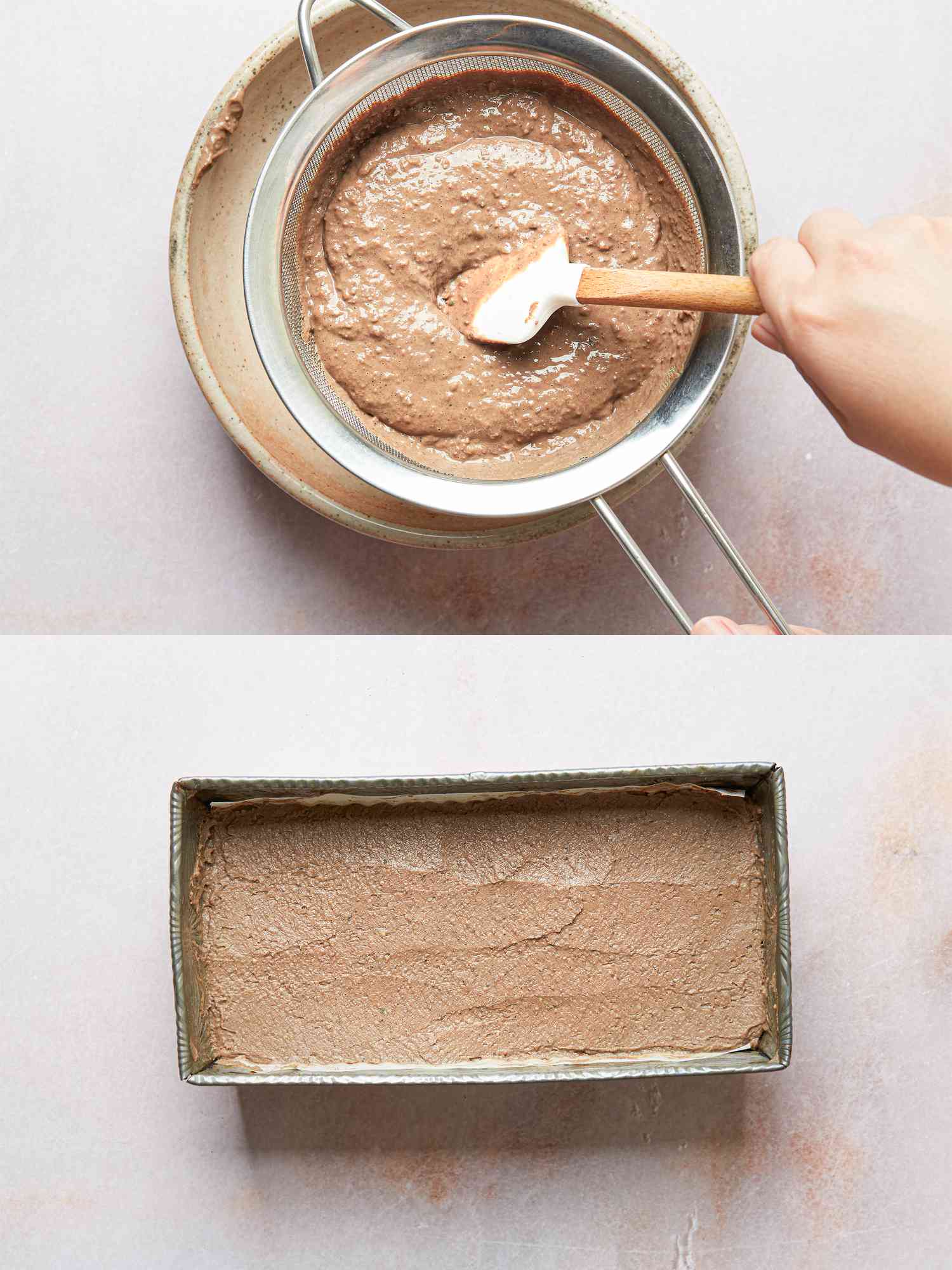 Two image collage of straining chicken liver pate through and in a loaf pan a strainer 