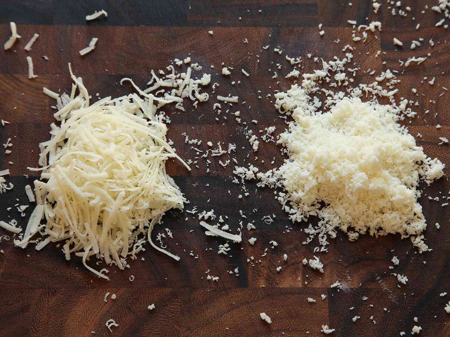 Image showing shredded cheese versus ground cheese on a cutting board