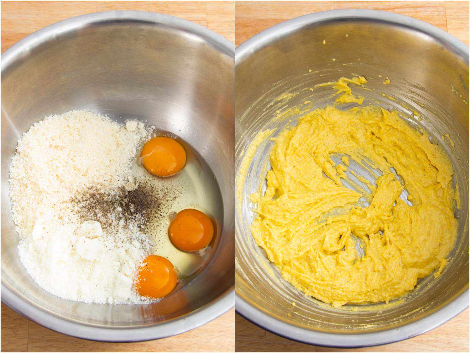 Side-by-side photos of whisking together cheese, black pepper, and eggs, and then the final whisked sauce.