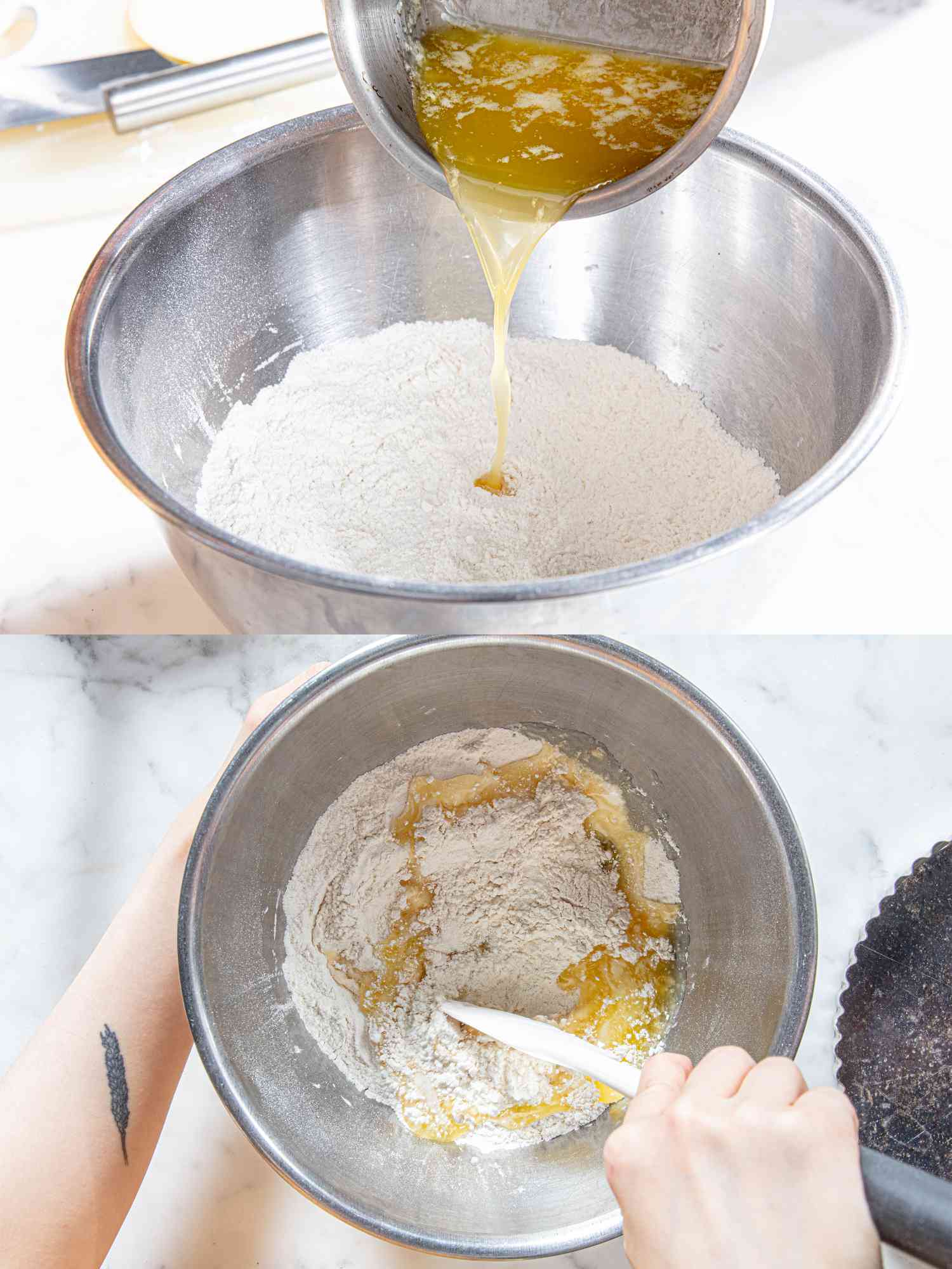 Two image collage of making pie dough in bowl