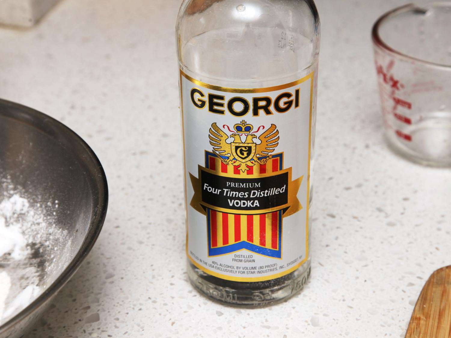 A bottle of Georgi vodka on a kitchen counter. 