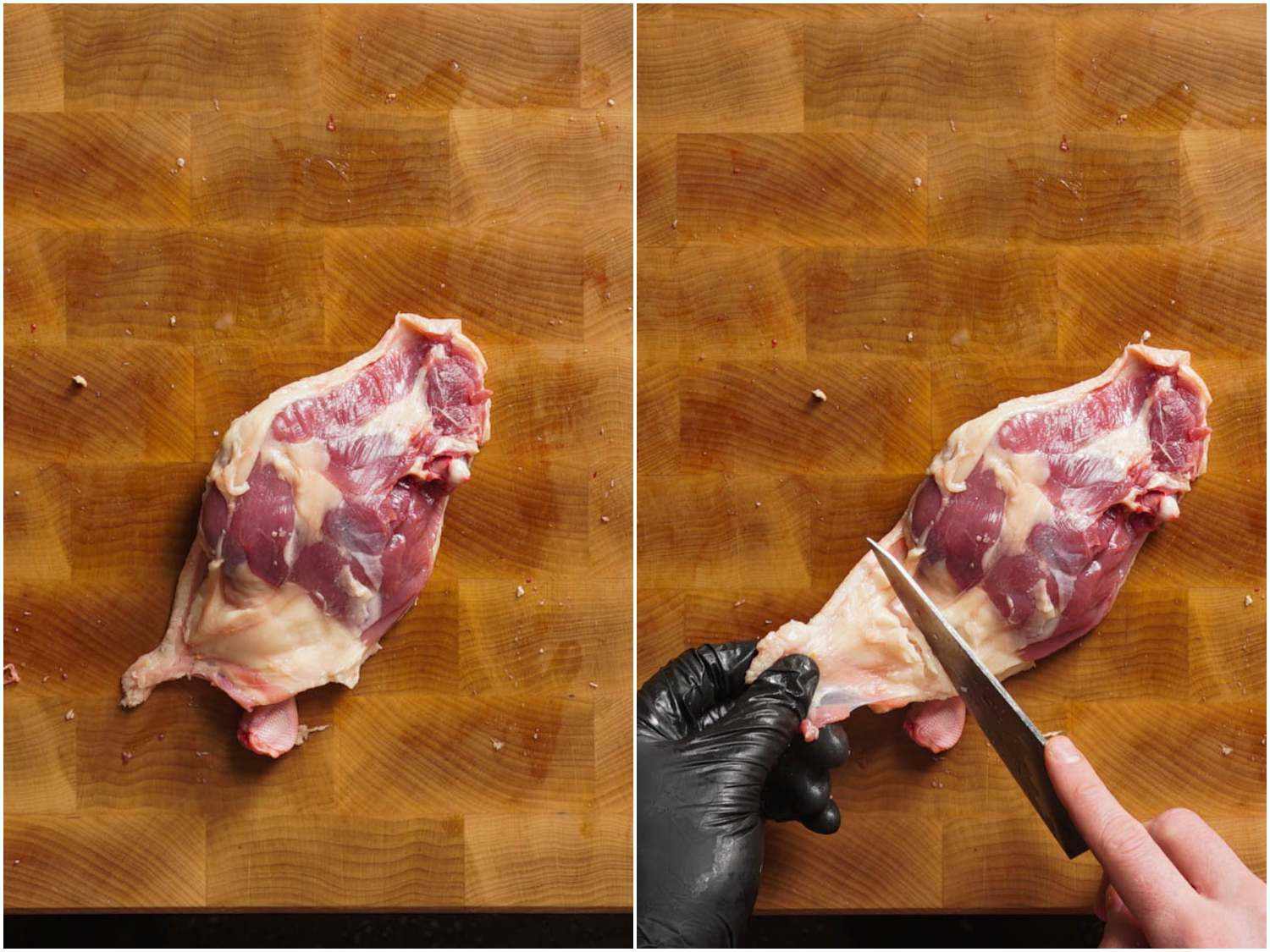 Photo collage showing removing of exces skin and fat from a duck leg quarter.