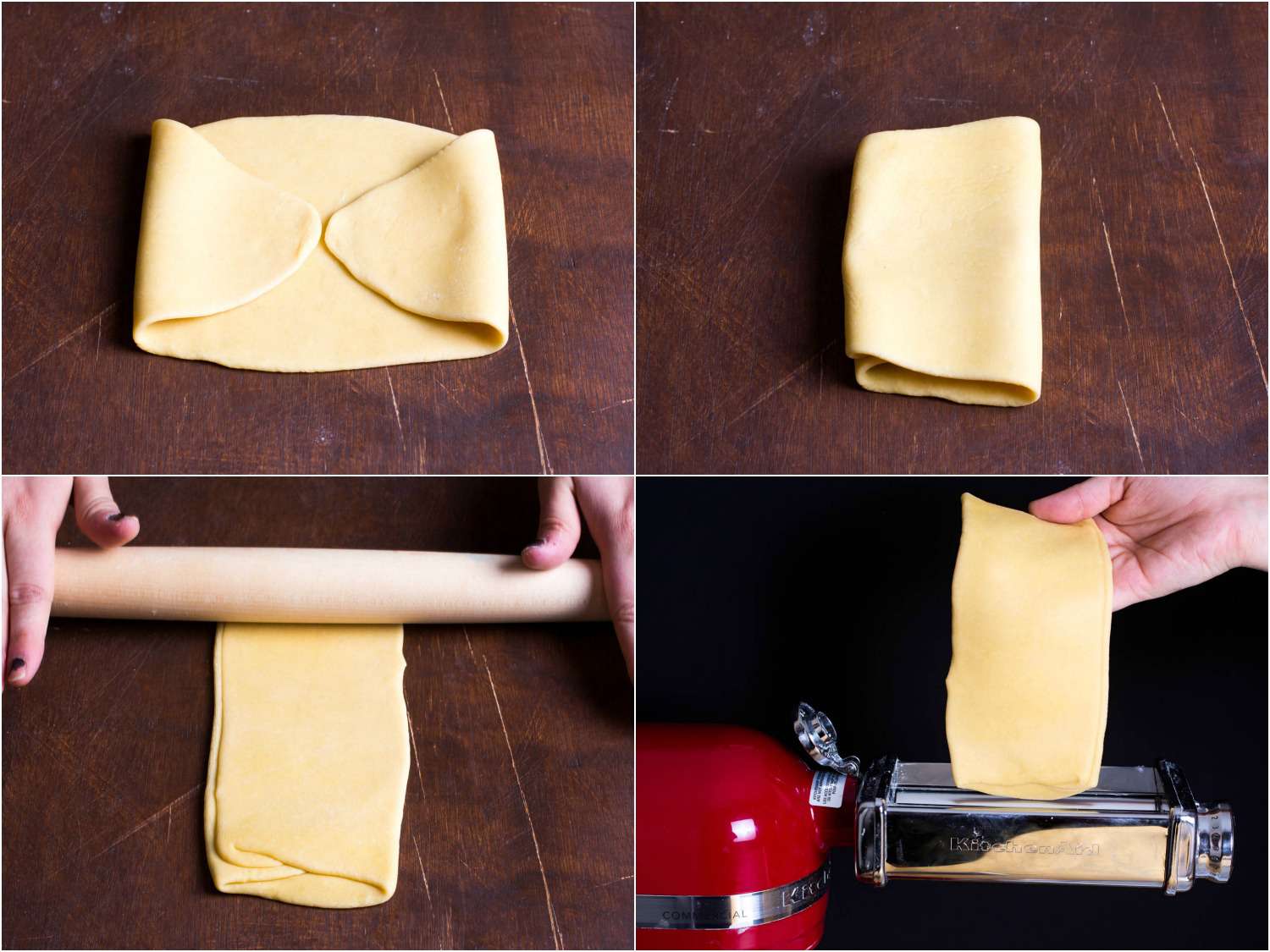 Collage of photos demonstrating three-fold laminating process for pasta dough. Fold both ends in so that they meet at the center of the dough, and then fold the dough in half where the end points meet. It is rolled out with a rolling pin and fed into the roller in a stand mixer. 