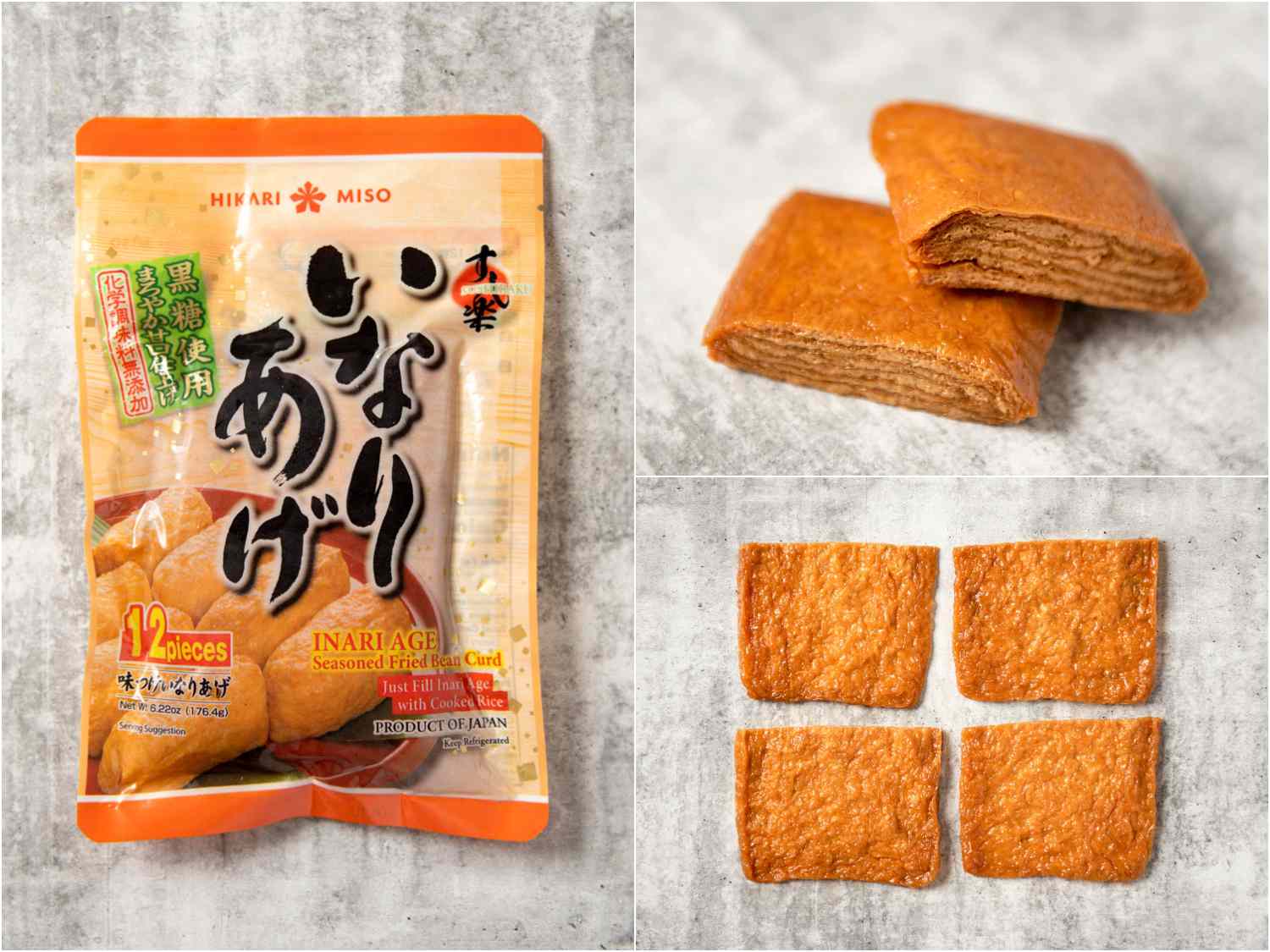Collage of inari tofu in packaging; unpackaged