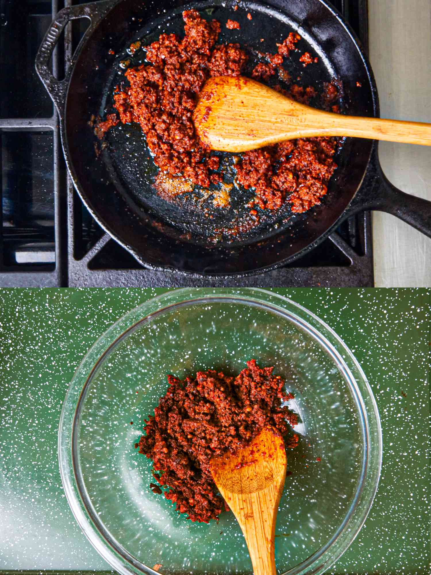 Overhead view of chorizo broken up in pan and in a serving bowl
