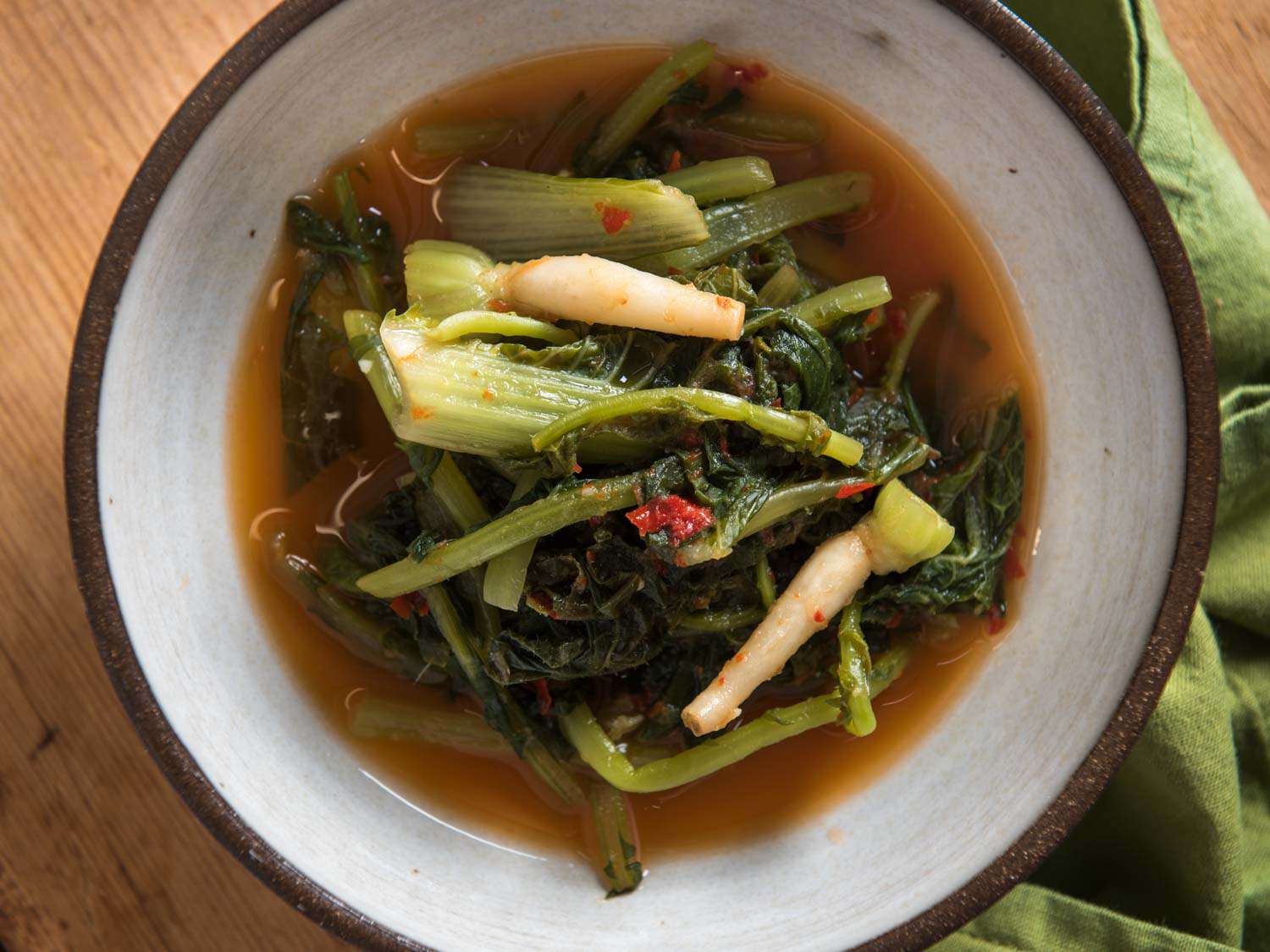 A bowl of Korean quick-fermented yeolmu kimchi.