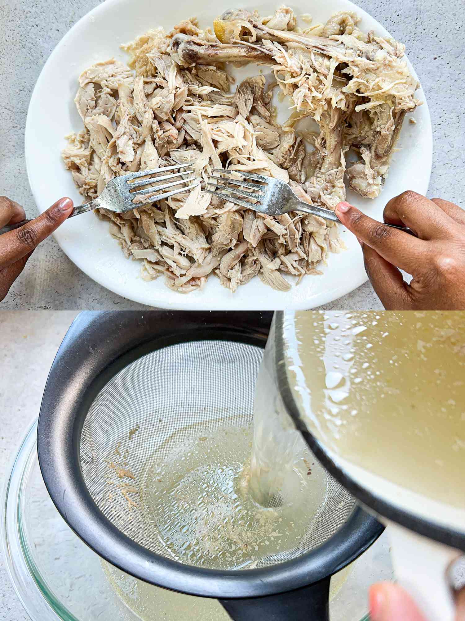 2 image collage. Top: Boiled chicken on a plate being shredded with 2 forks. Bottom: brock strained through a fine-mesh strainer into a bowl 