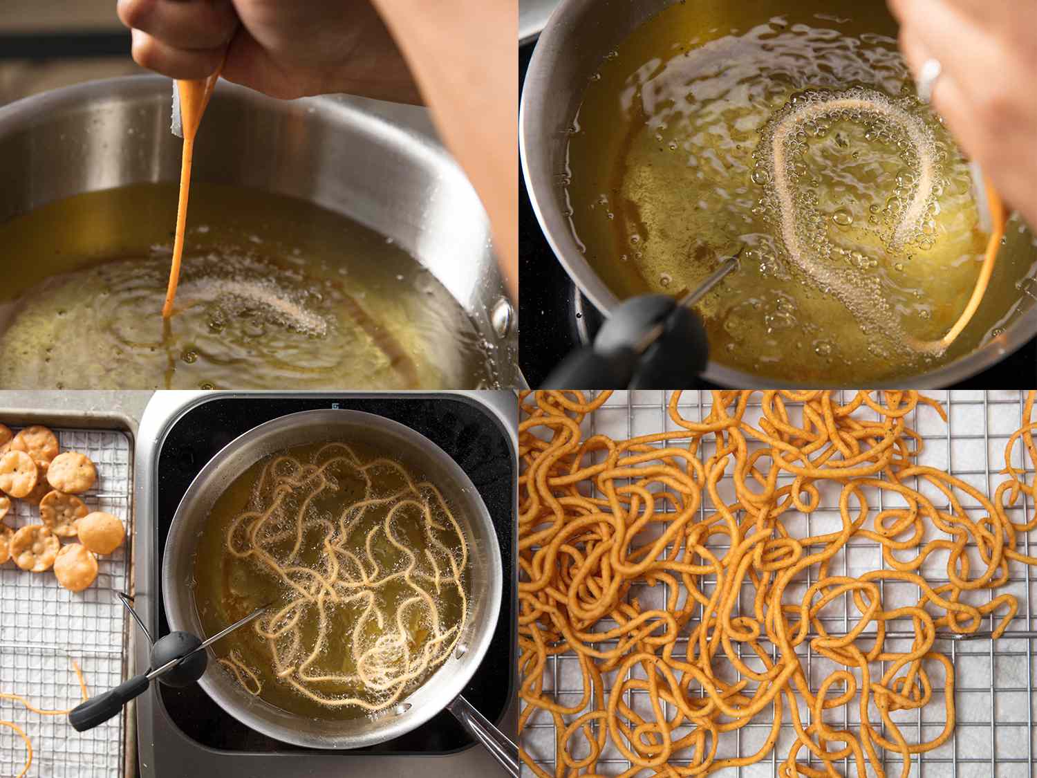 A four-image collage. The top left image shows the tip of a pastry bag piping sev batter into hot oil. The top right image shows a top-down view of the string of sev batter frying in a pan of oil. The bottom left image shows many strings of sev batter frying, with a digital thermometer probe inserted into the pot. The bottom right image shows the golden brown fried sev draining on a wire rack set over some paper towels