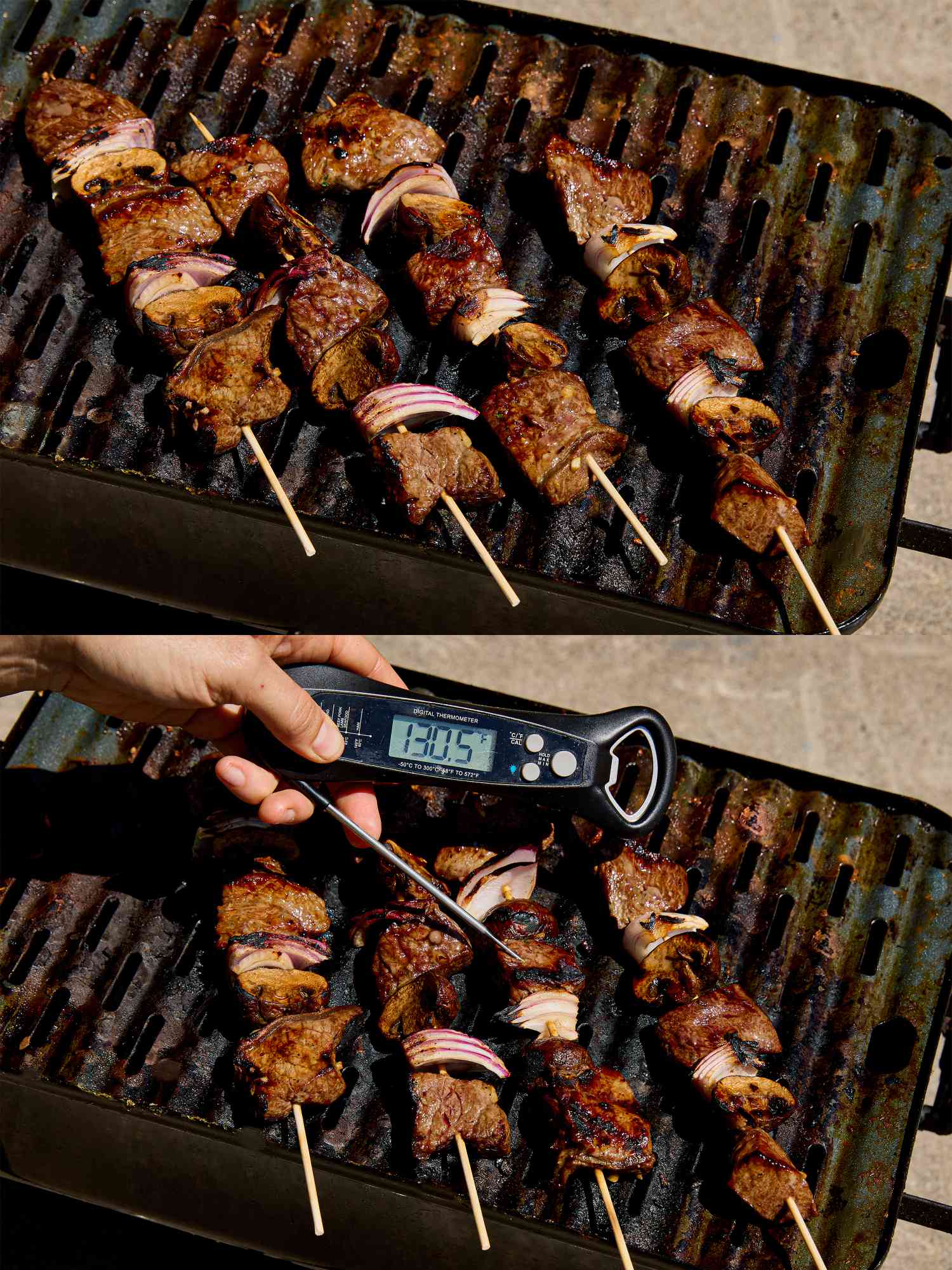 Grilled steak kebabs checked with a meat thermometer on the grill