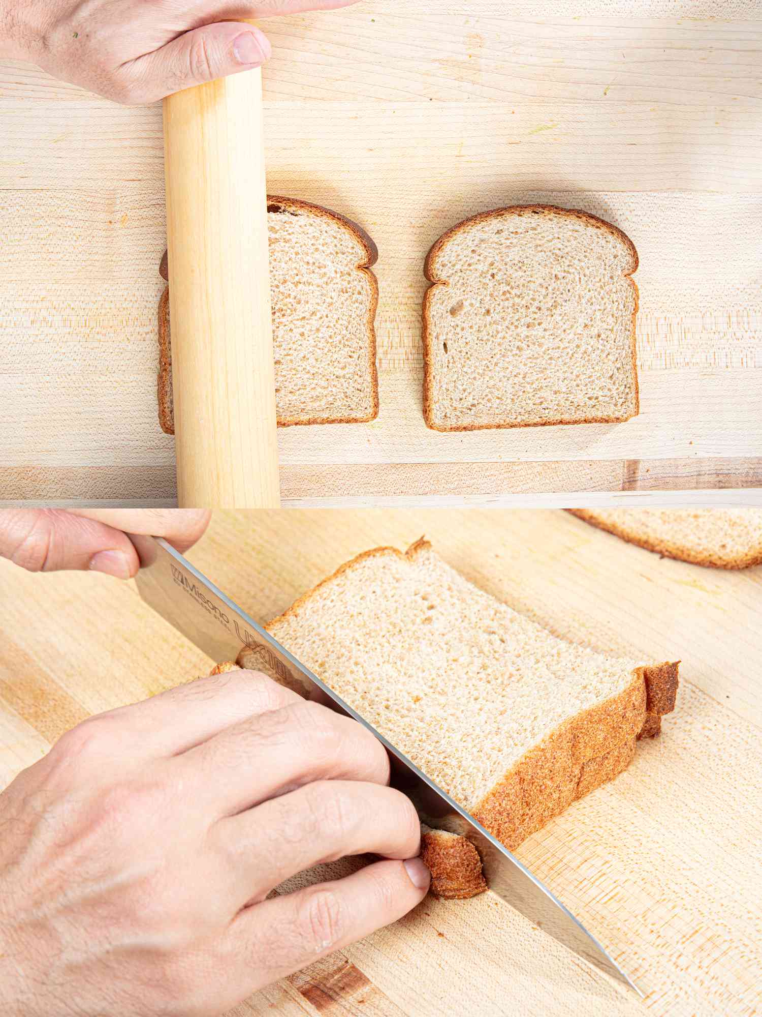 Two image collage of preparing bread for sandwiches