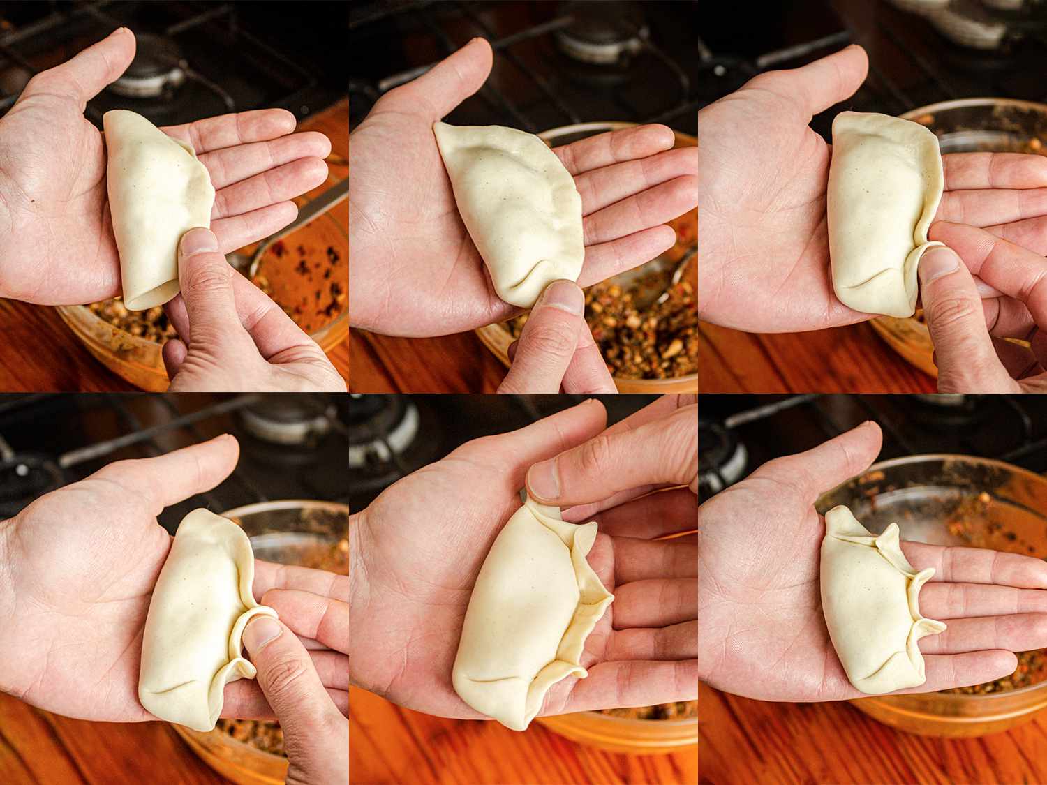 6 image collage of an overhead view of a pair of hands folding the dough over the filling into a traditional empanada shape with pinched edges
