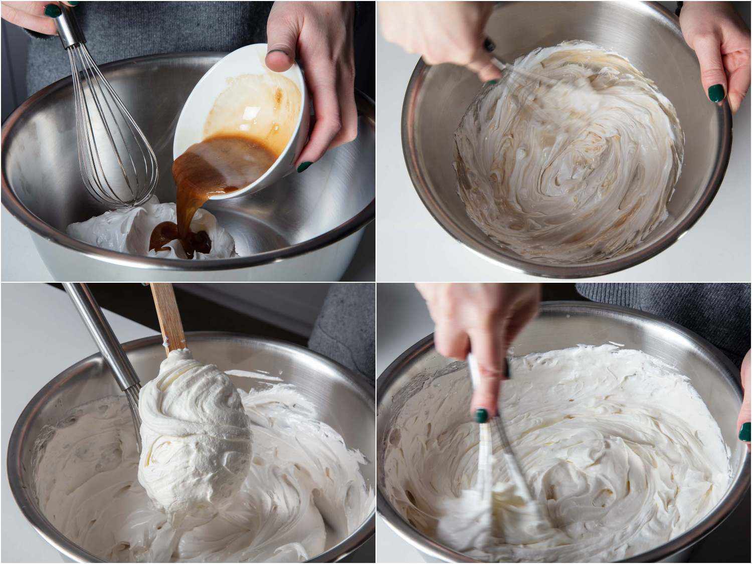 A collage: adding bloomed gelatin into meringue, whisking with a whisk, adding Greek yogurt/cream mixture and whisking to combine. 