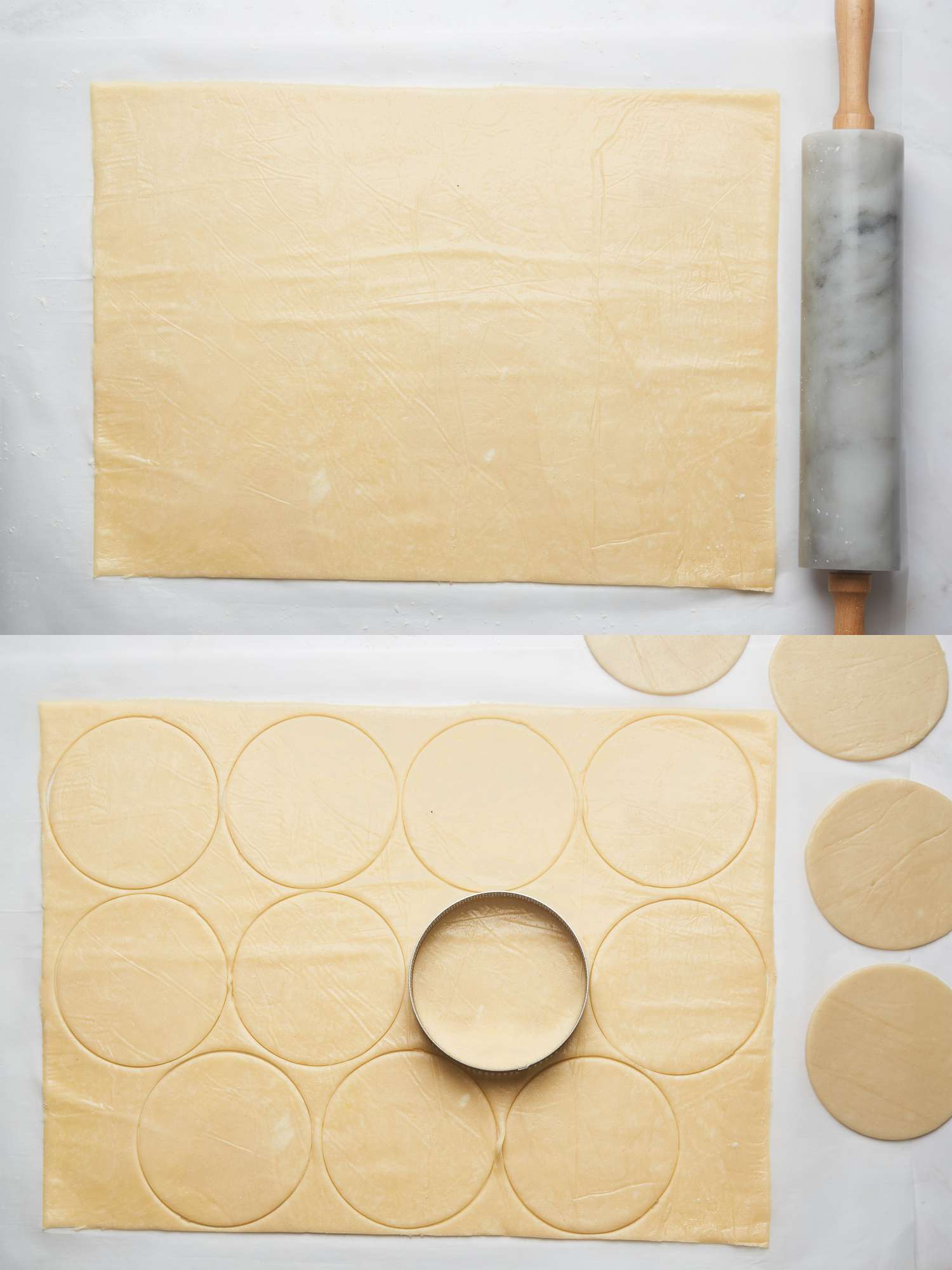 2 image collage. Top: Rolled out pie crust dough with a rolling pin on a prepared surface 