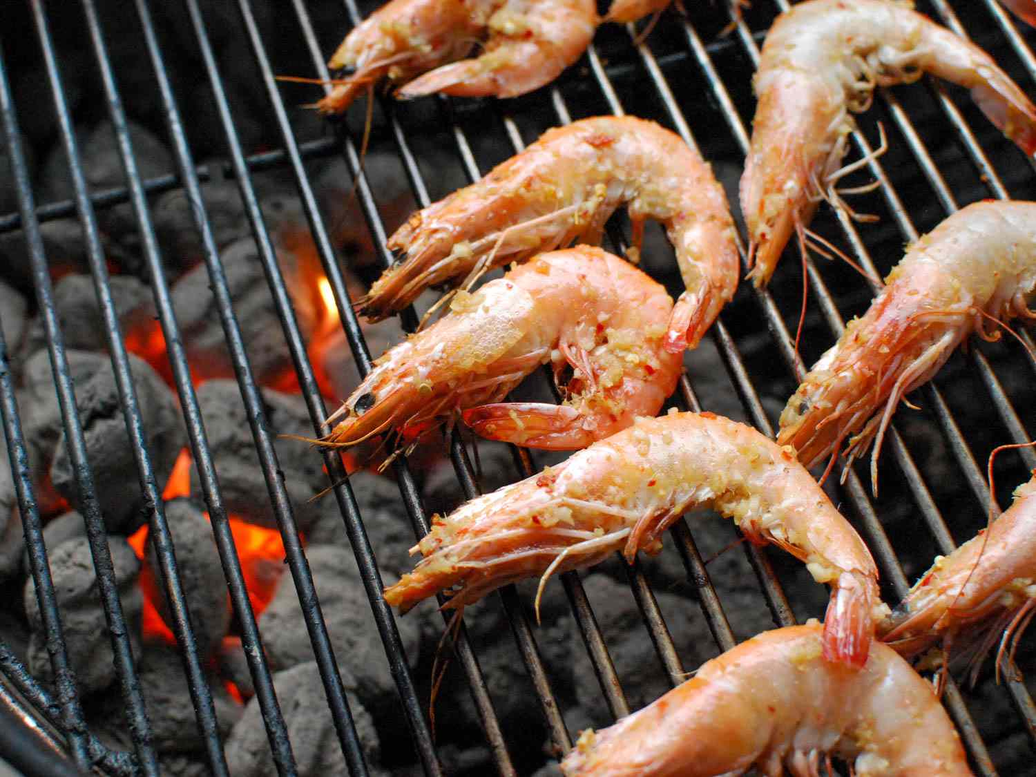 The marinated, shell-on shrimp are arranged on a grill grate directly above glowing coals.