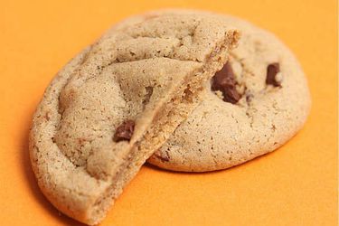 Closeup of a better batch cookie, sliced in half to reveal the interior crumb.