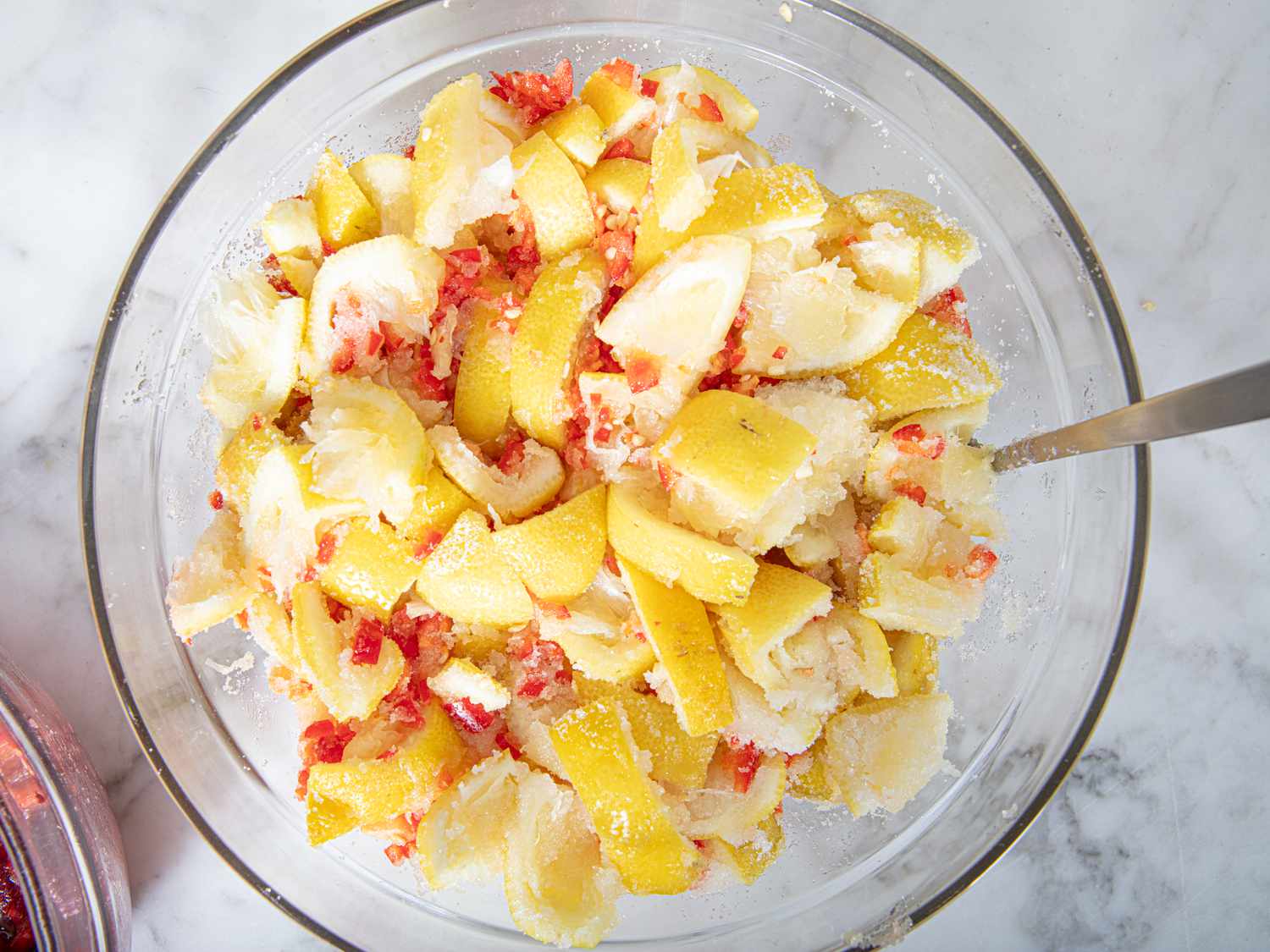 Overhead view of lemons and chiles masaracing 