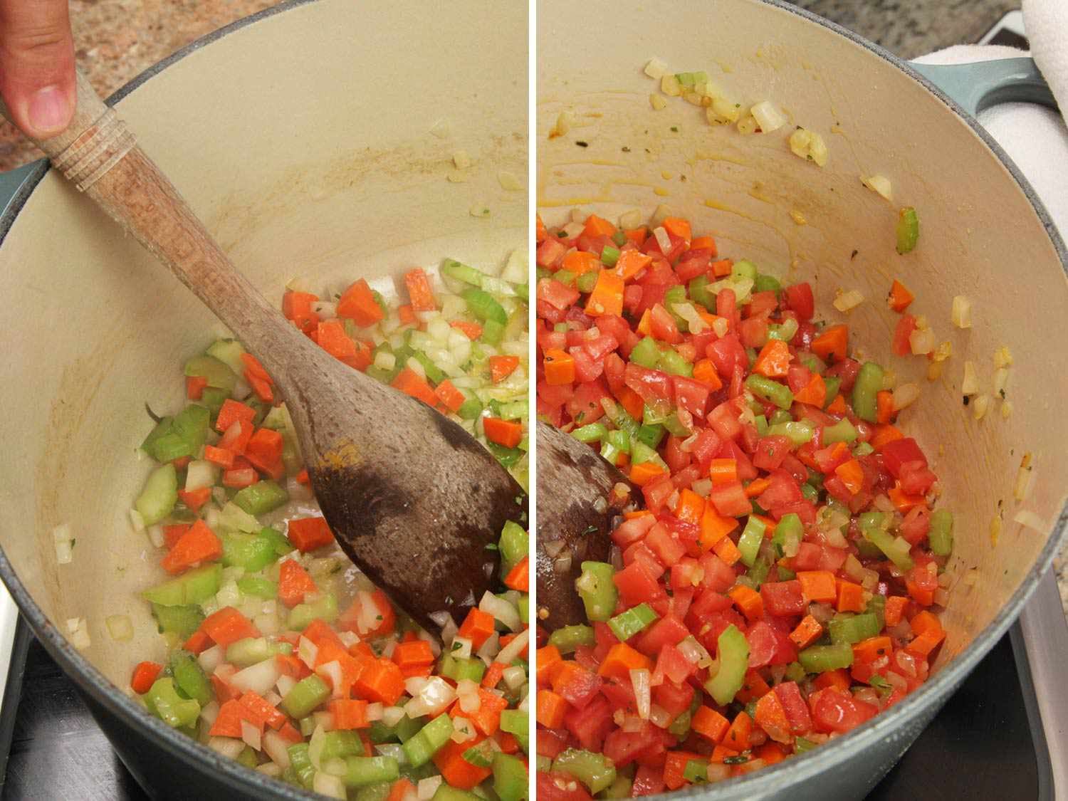 A composite image with chopped onions, carrots, and celery being stirred in a Dutch oven on the left side and on the right side you have onions, carrots, celery, tomatoes, and minced rosemary being stirred in the Dutch oven.