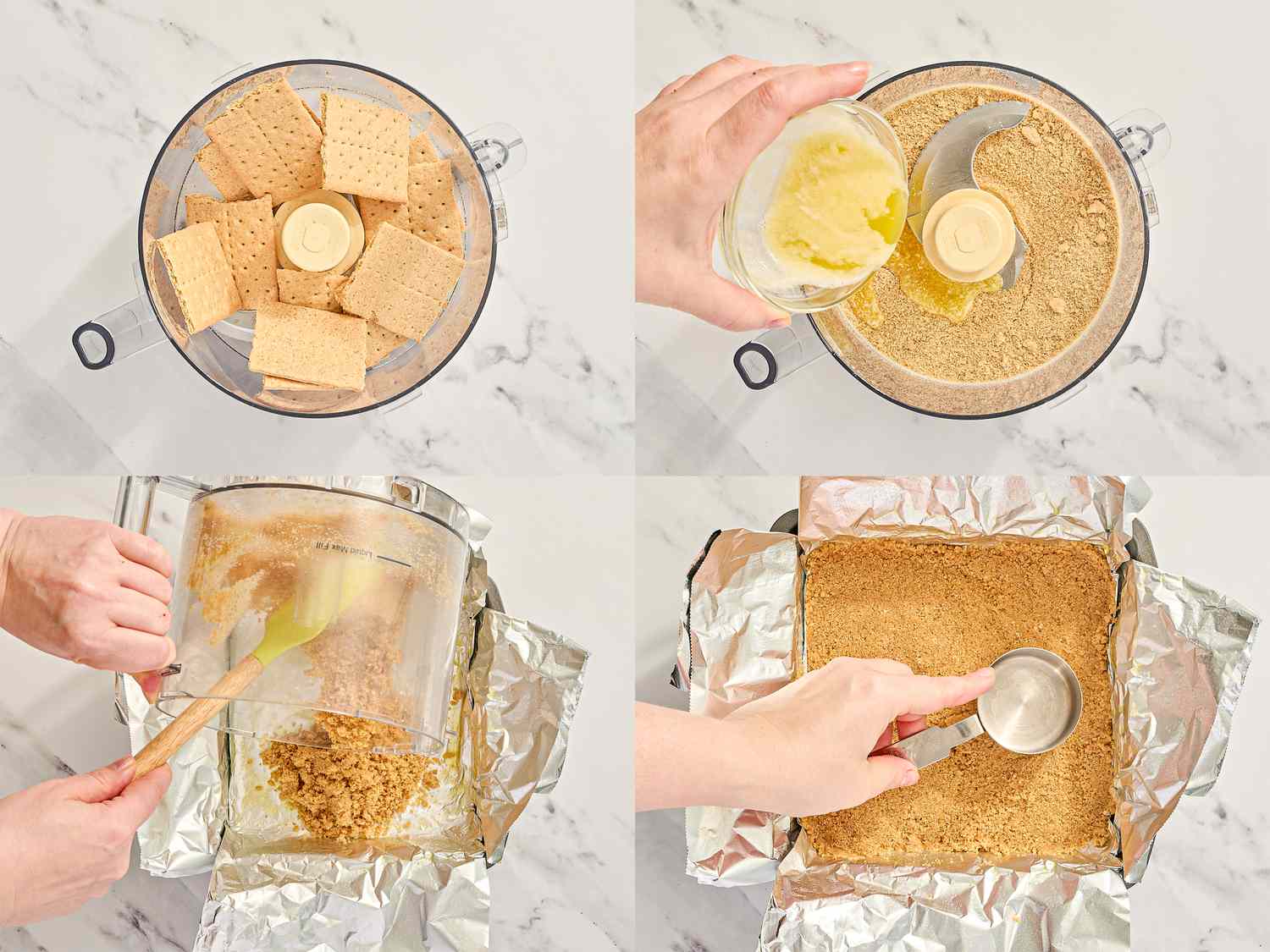 Steps for making a graham cracker crust with a food processor and pressing it into a pan