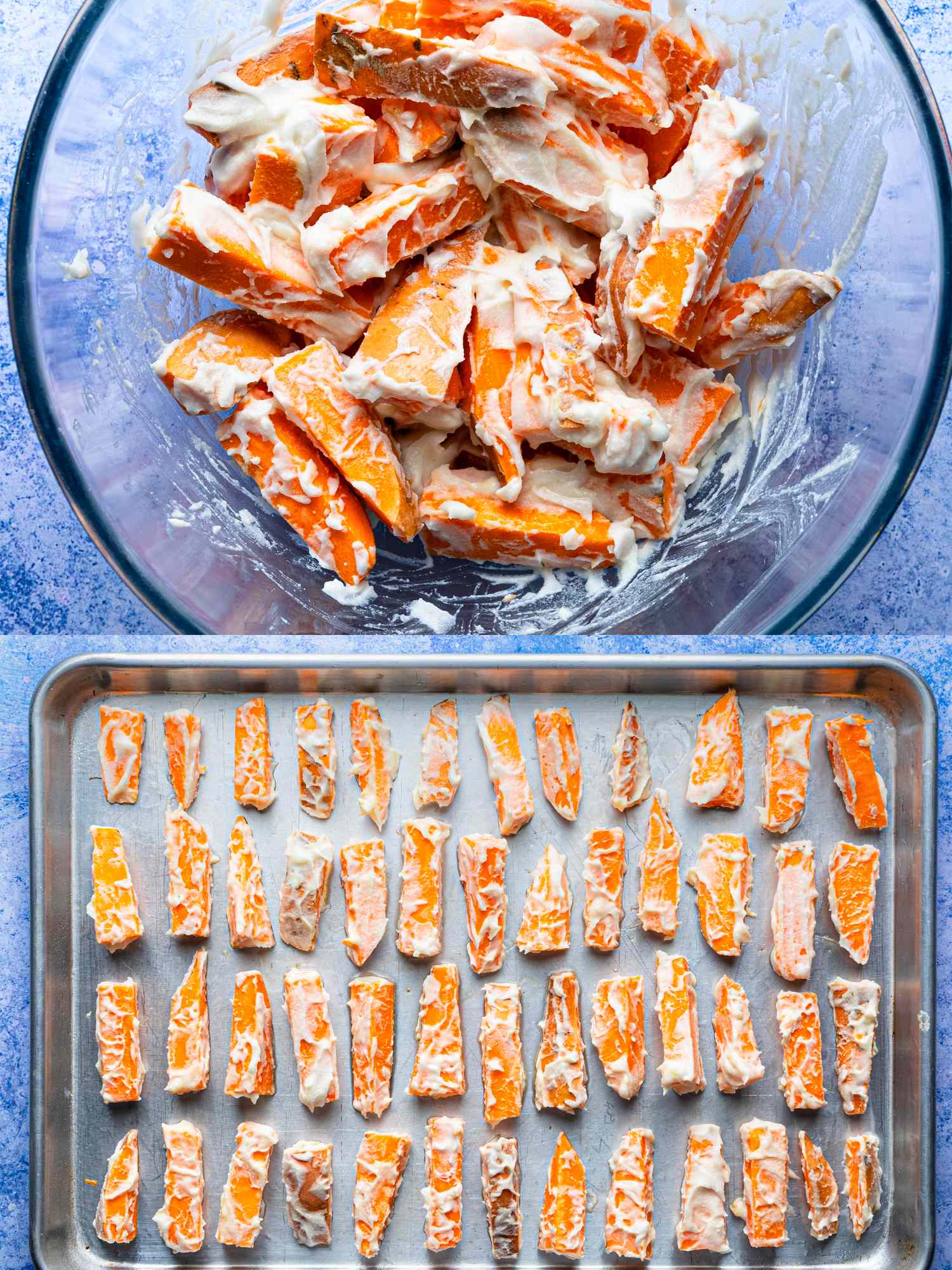 Sweet potato wedges being prepared coated in a mixture in a bowl and arranged on a baking tray for cooking