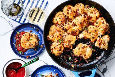 Overhead view of easy pull apart pepperoni garlic knots