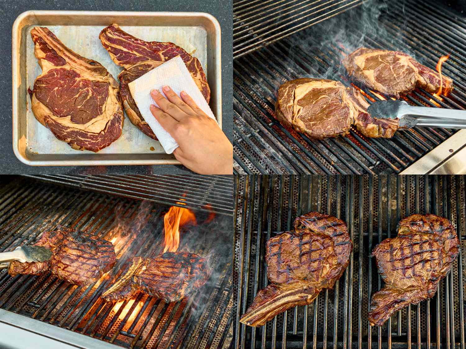 Steps of grilling red meat including preparation and cooking on a grill