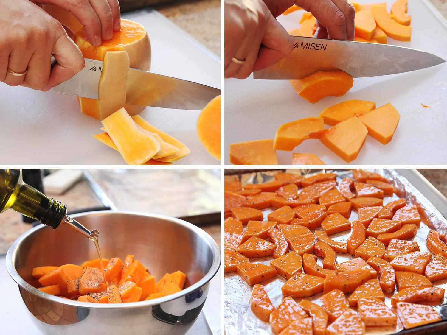 A collage of peeling squash and cutting it into thin pieces, coating the pieces with olive oil and arranging them on a baking sheet lined with foil.