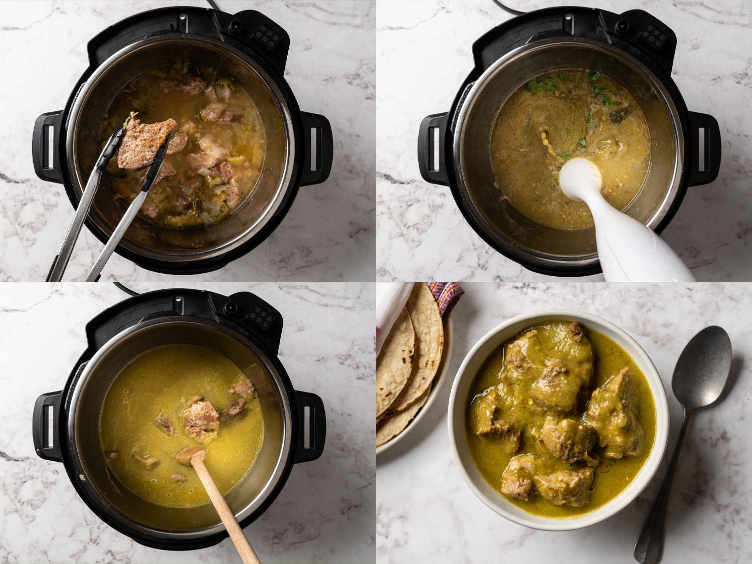 Removing pork from pressure cooker, stick blending the soup, then adding pork back in.