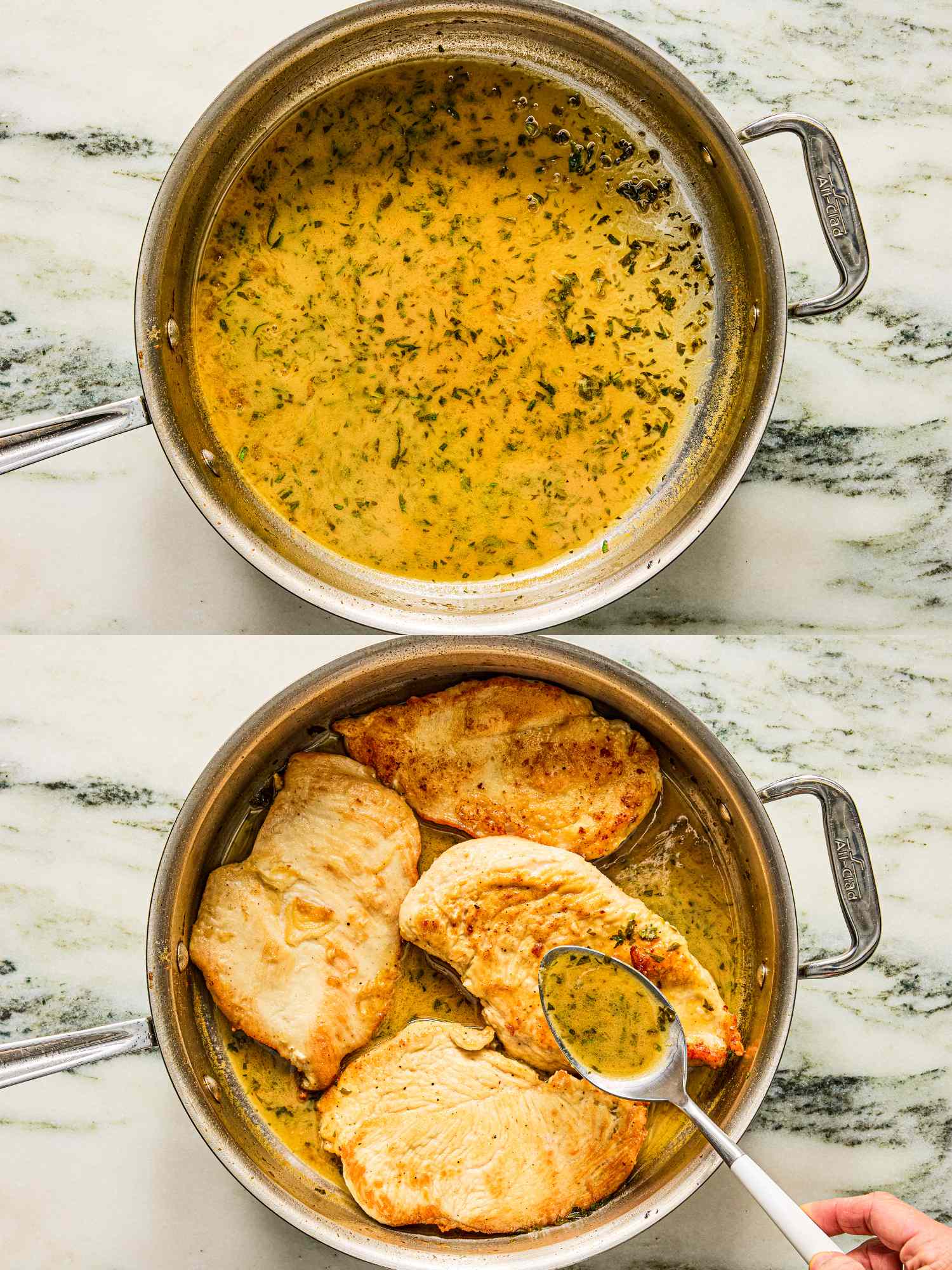 Two image collage of finishing sauce and spooning over chicken