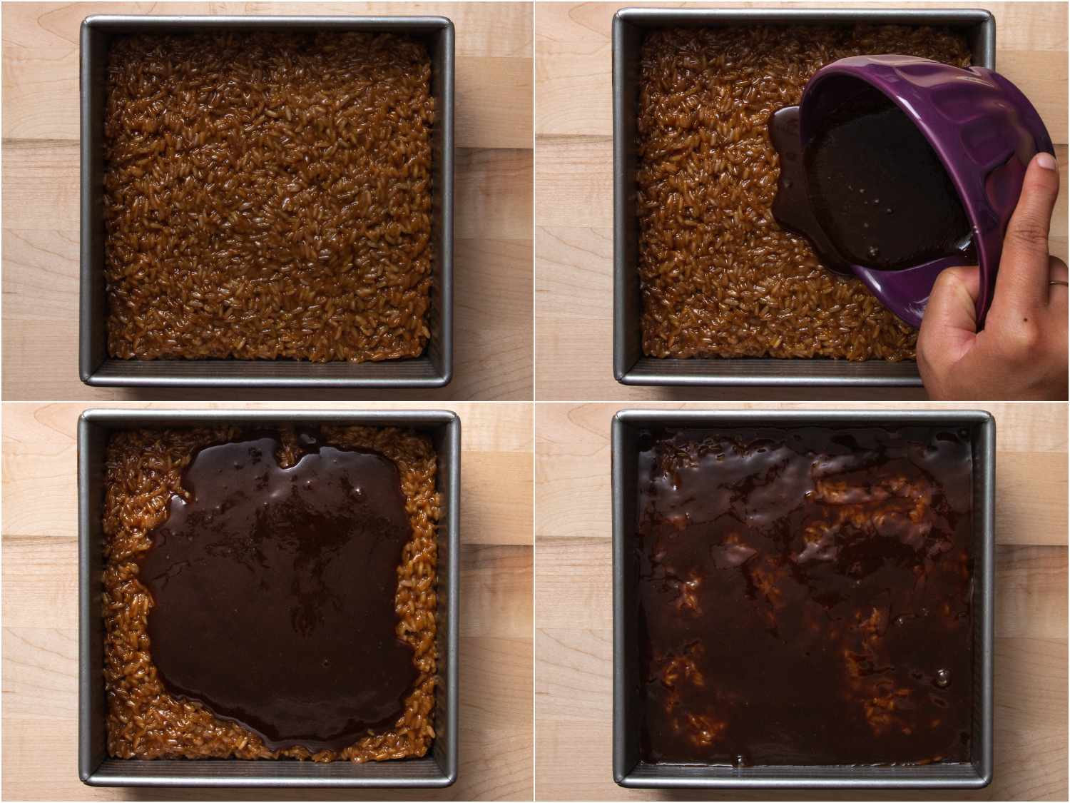 collage of assembling biko in pan: rice and caramel mixture in pan; extra caramel pouring on; caramel on top; caramel spread evenly
