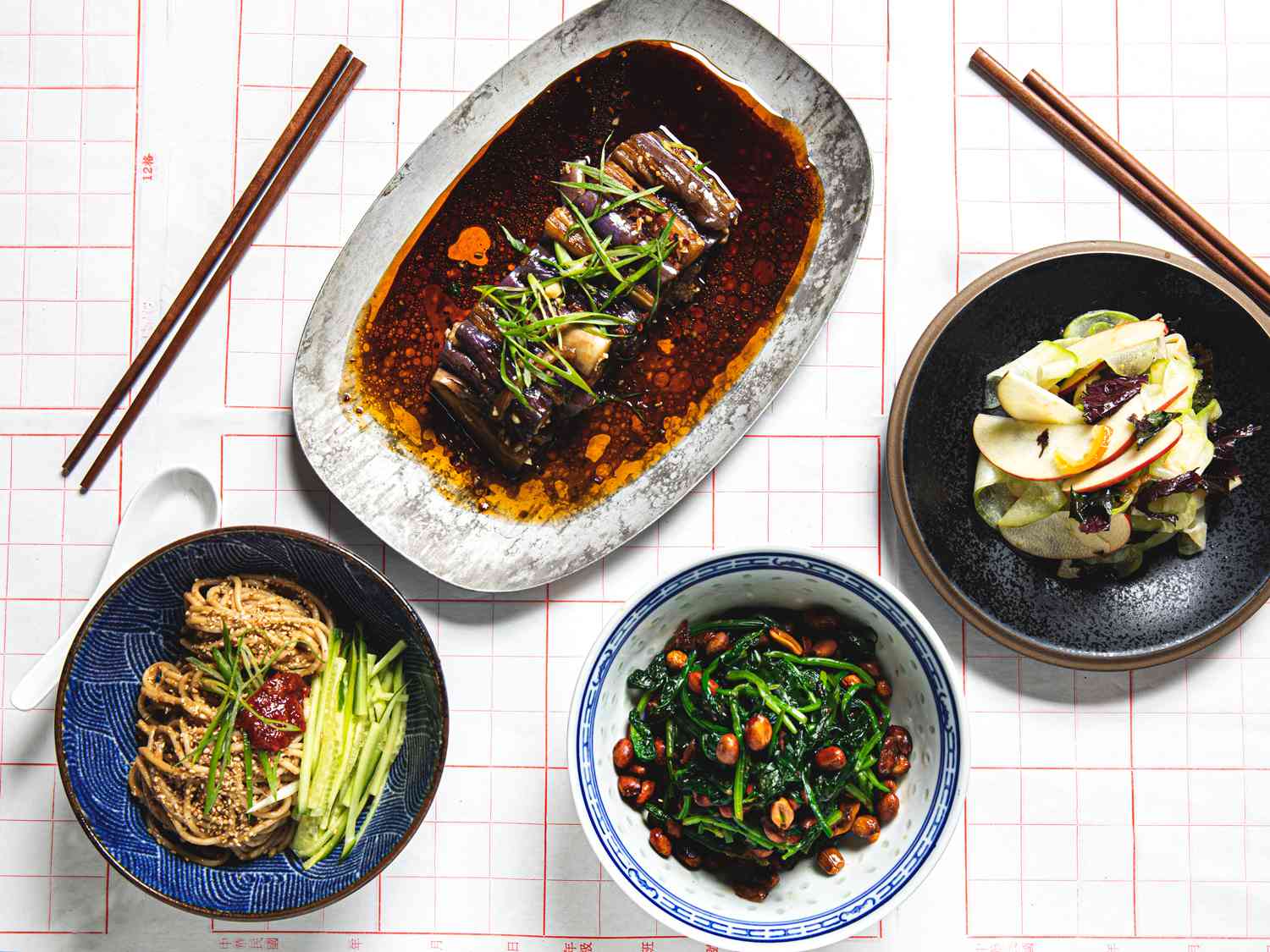 Overhead view of a selection of chinese salads