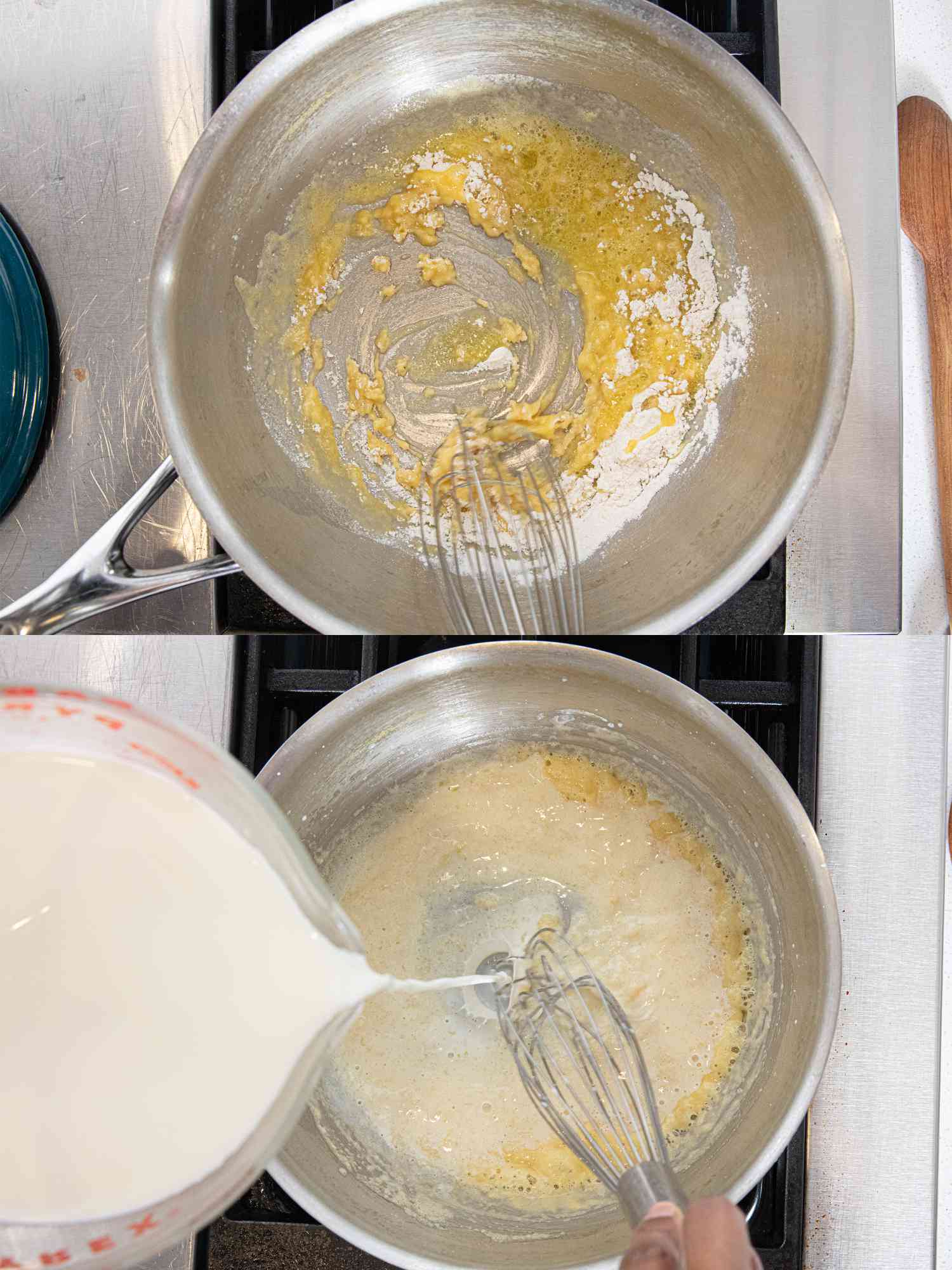 Two image collage of whisking butter flour and milk