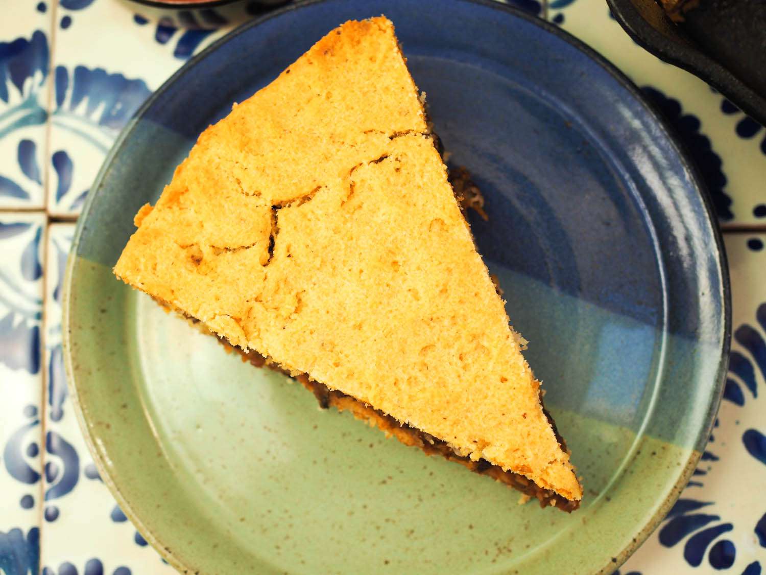 Overhead shot of a slice of the tamale pie.