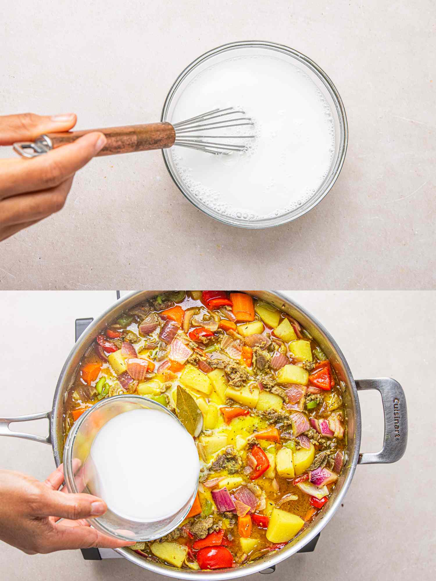 Whisking milk alternative in a bowl adding it to a pot of curry with vegetables and meat