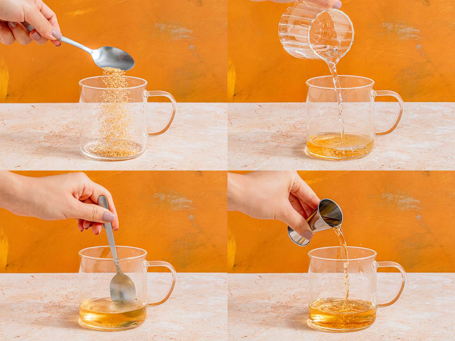 Four photos showing how to make a hot toddy. The first photo shows demerara sugar being added to a glass mug. The second photo shows hot water bring poured into the glass mug. The third photo shows a spoon mixing the sugar and water together. The four and final photo shows a hand pouring whiskey into the glass mug.