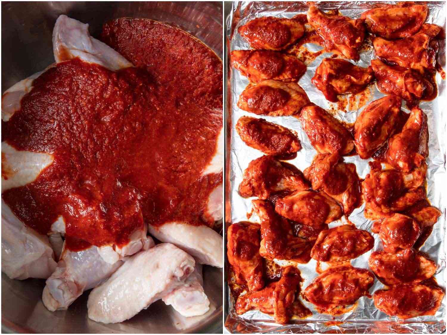 A two-image collage. The left image shows the chicken wings being tossed with the sauce, and the right image shows the sauced chicken wings, not yet cooked, on a foil lined half sheet pan.