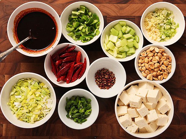 Overhead of prepped ingredients for crispy vegan kung pao tofu