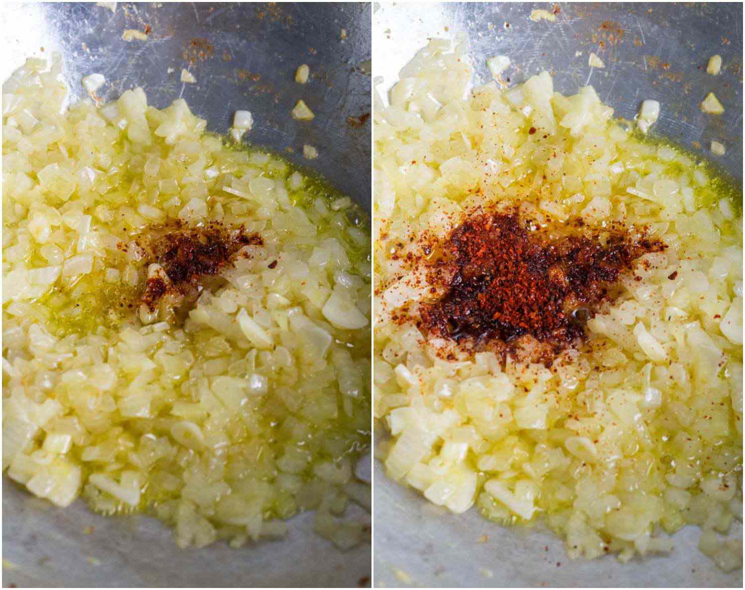 A side-by-side photo of diced onions sautéing in a pot shows an initial addition of a very small amount of a very spicy chile powder; the second photo shows a much greater amount of less hot chile powder added on top of that, showing how you can increase chile powder quantity without automatically increasing heat