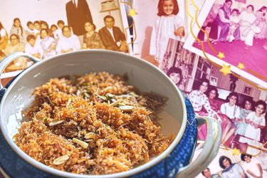 A dish of food along with family photos from Sumayya Usmani