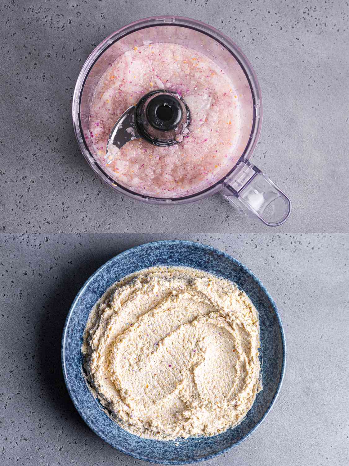 Onion, pepper, and water blended to form a paste in the bowl of a food processor next to a plate of egusi paste..