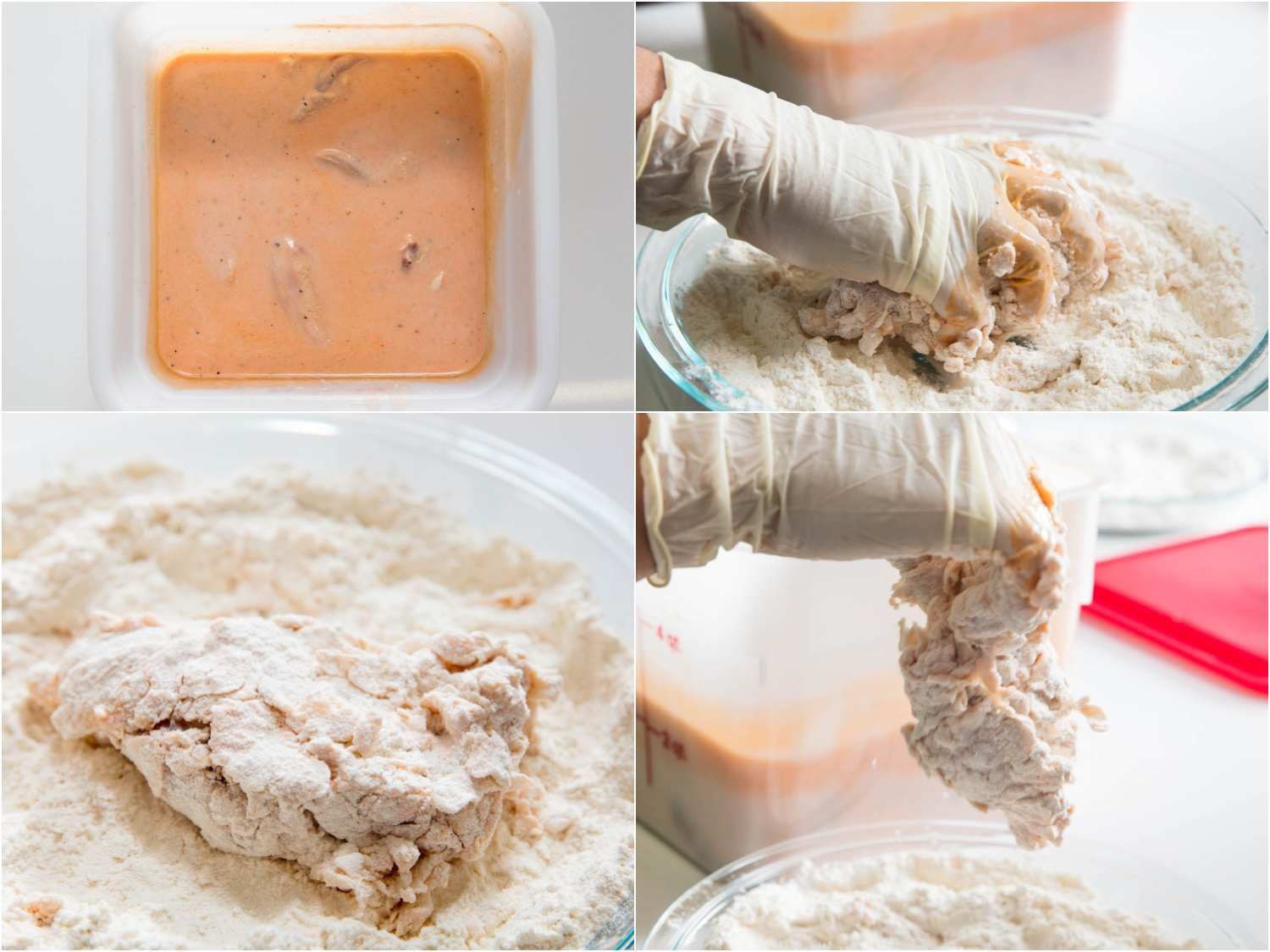 Collage of chicken marinating in a hot sauce–spiked buttermilk brine, brined chicken being dredged in a bowl of flour, coated chicken resting on flour, and fully coated chicken being lifted from flour
