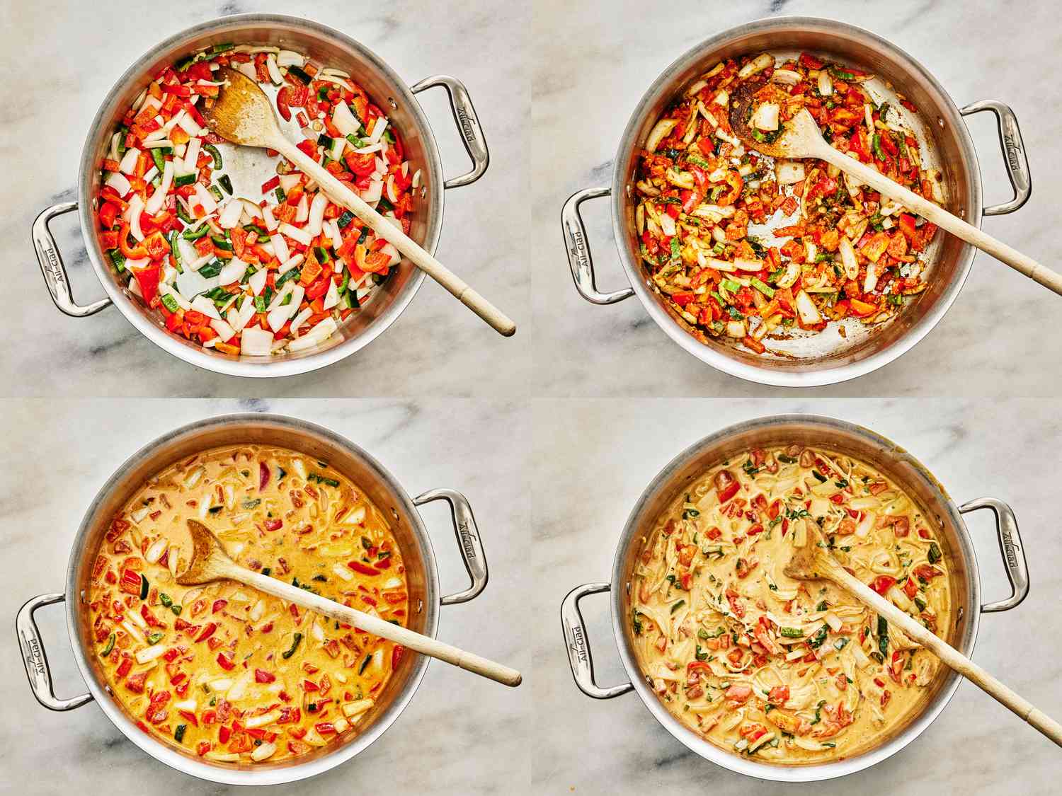 4 image collage. Top Left: bell pepper, onion, pepper and garlic sauteing in a pan. Top right: Adding cilantro, flour and bullion. Bottom Left: Adding diced tomatoes , chiles, cream and broth. Bottom Right: Pot with mixture of veggies and chicken mixing with a spoon 