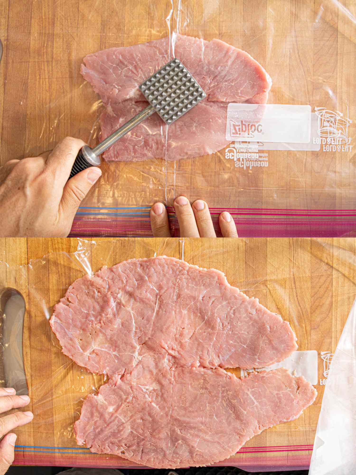 Pounding meat with a mallet on a cutting board preparing meat for a recipe by flattening