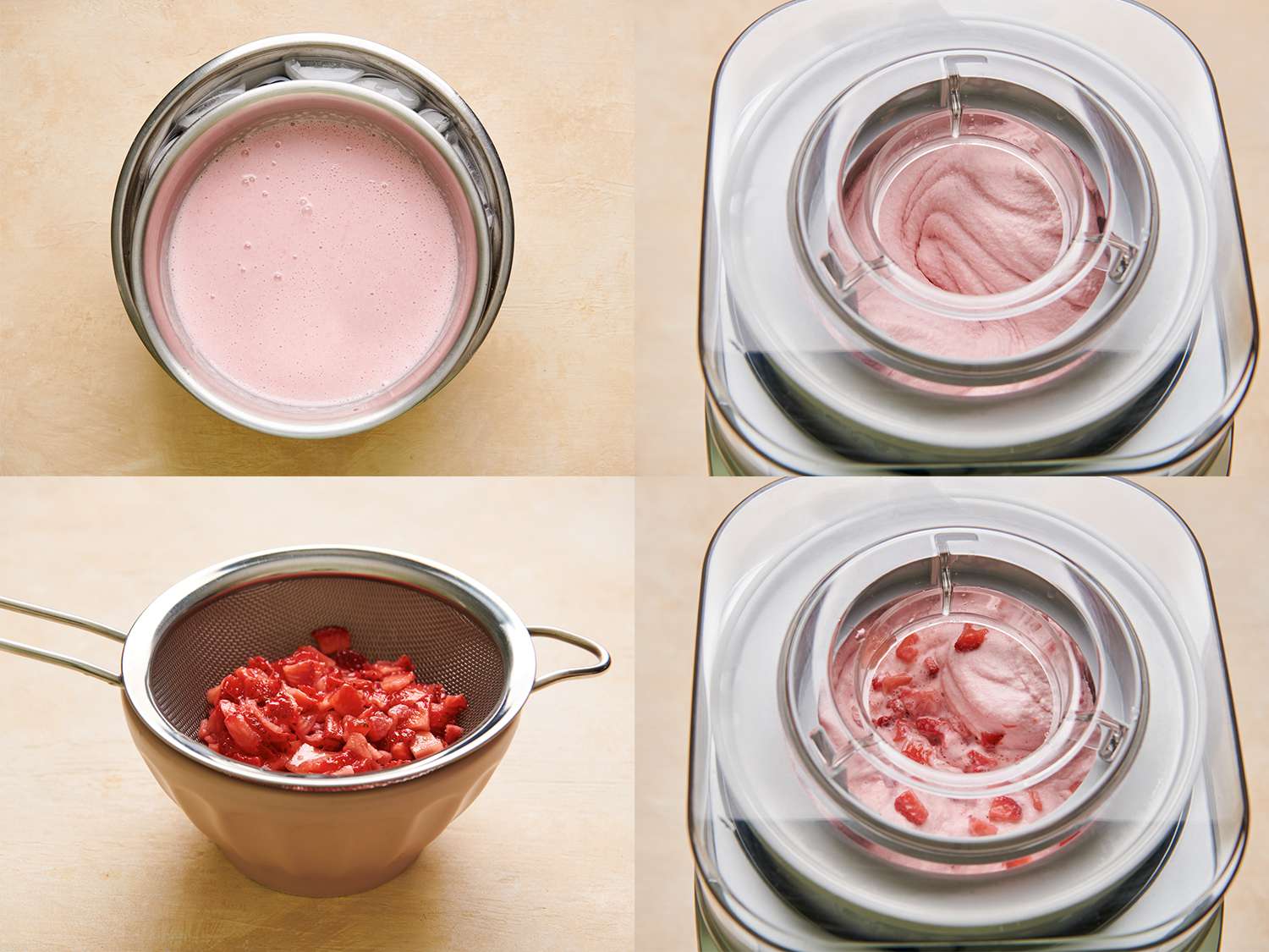 A four-image collage. The top left image shows the ice cream base chilling in an ice bath. The top right image shows the ice cream churning in the machine. The bottom left image shows the syrup being strained out of the strawberries which will be mixed into the ice cream. The bottom right image shows the ice cream now containing the solid chunks of macerated strawberries.