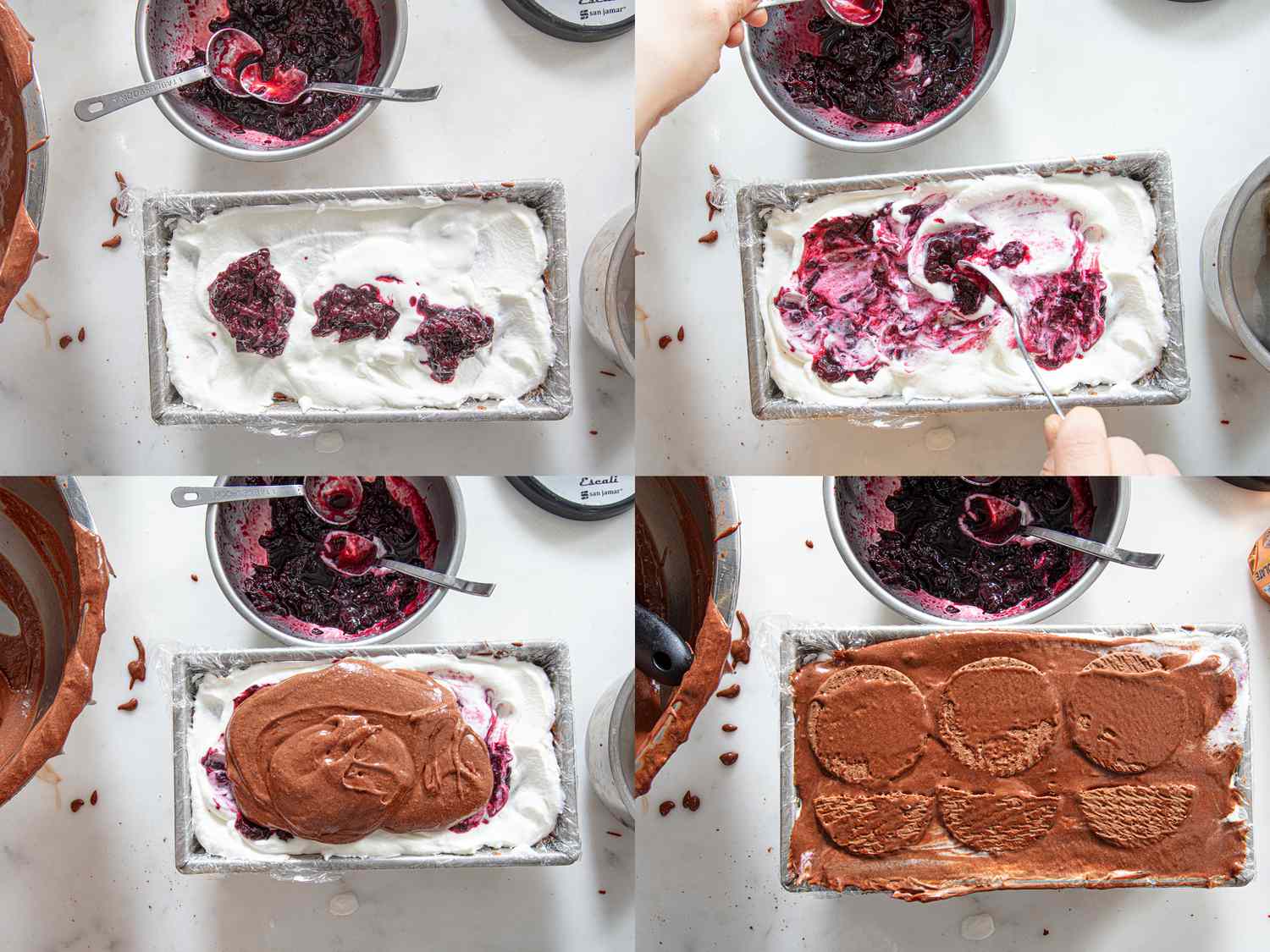 Overhead view of building black forest icebox cake