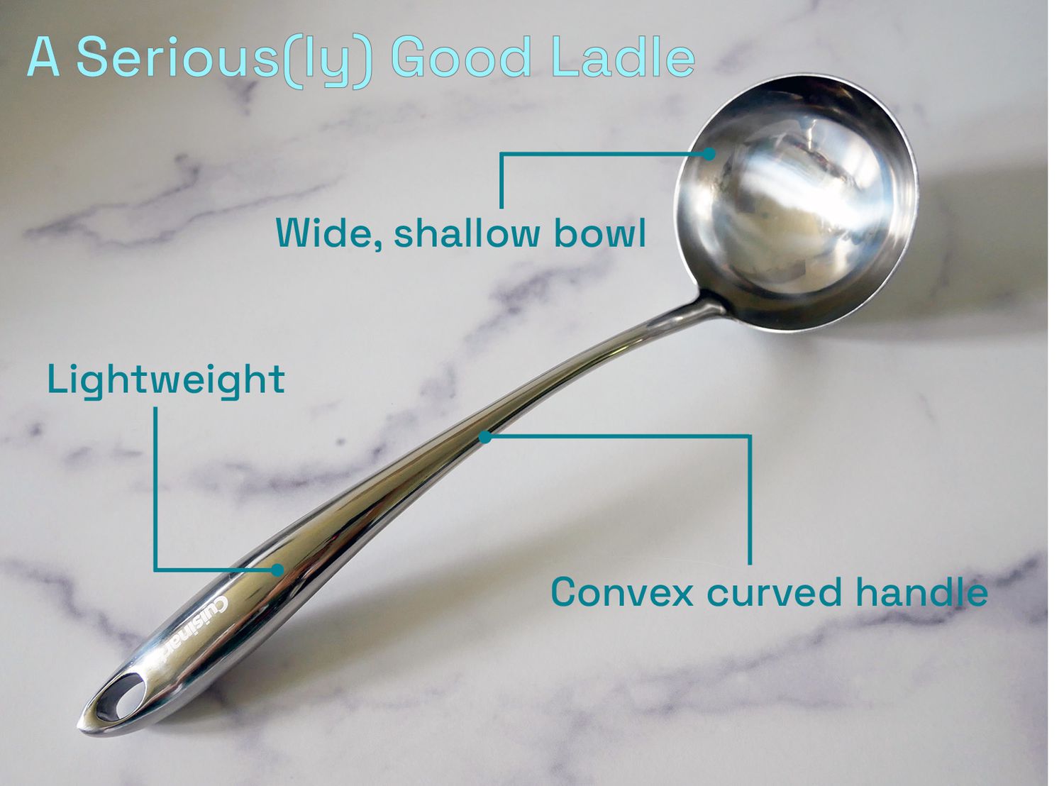 annotated winning ladle: lightweight; convex curved handle; wide, shallow bowl