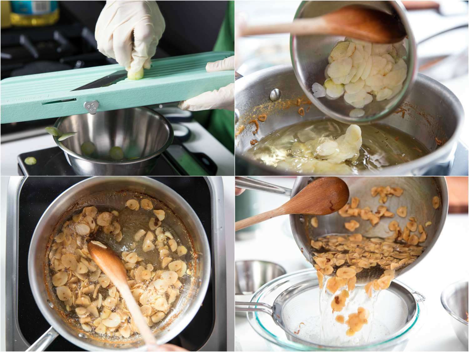A 4-image collage: garlic thinly sliced on a mandoline, garlic added to oil, garlic fried until golden, garlic strained from hot oil.
