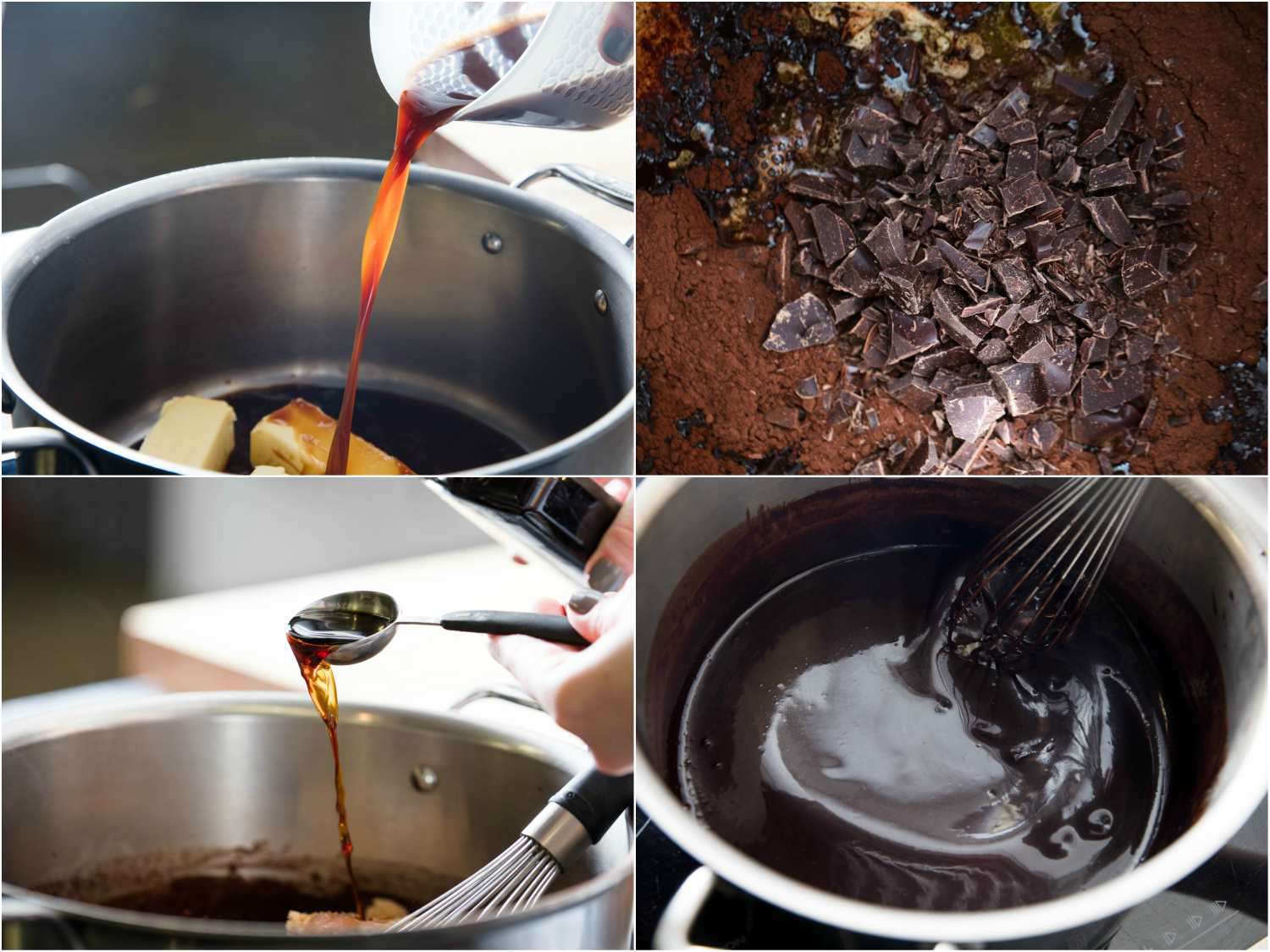 Photo collage showing melting butter, adding chocolate, and stirring in vanilla into Devil's food cake batter.