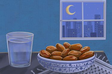 An illustration of a glass of water and a bowl of dates sitting in front of a window.