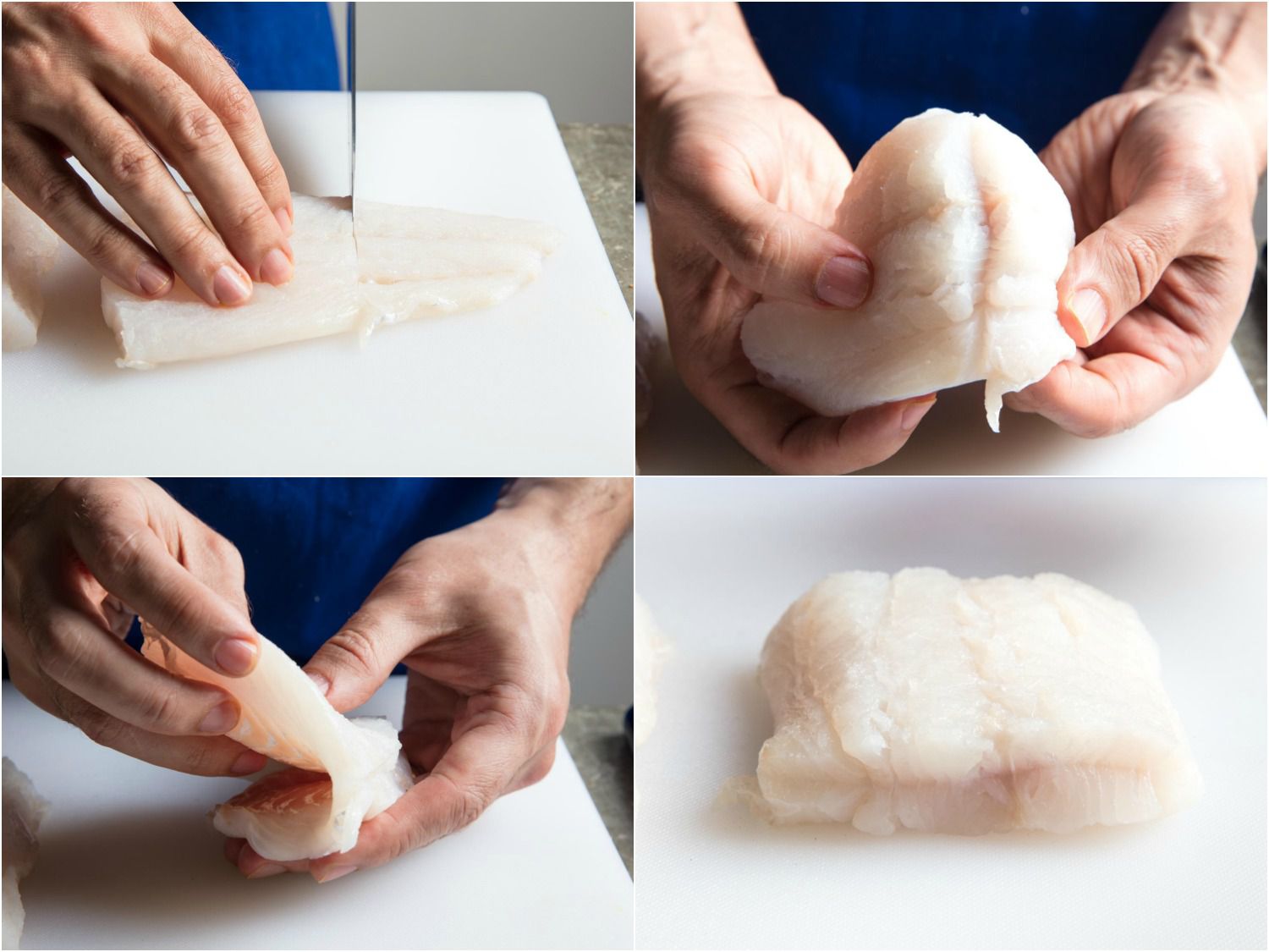 A four photo collage, showing scoring the tail piece crosswise, nearly, but not fully, slicing through. Then folding it under itself. 