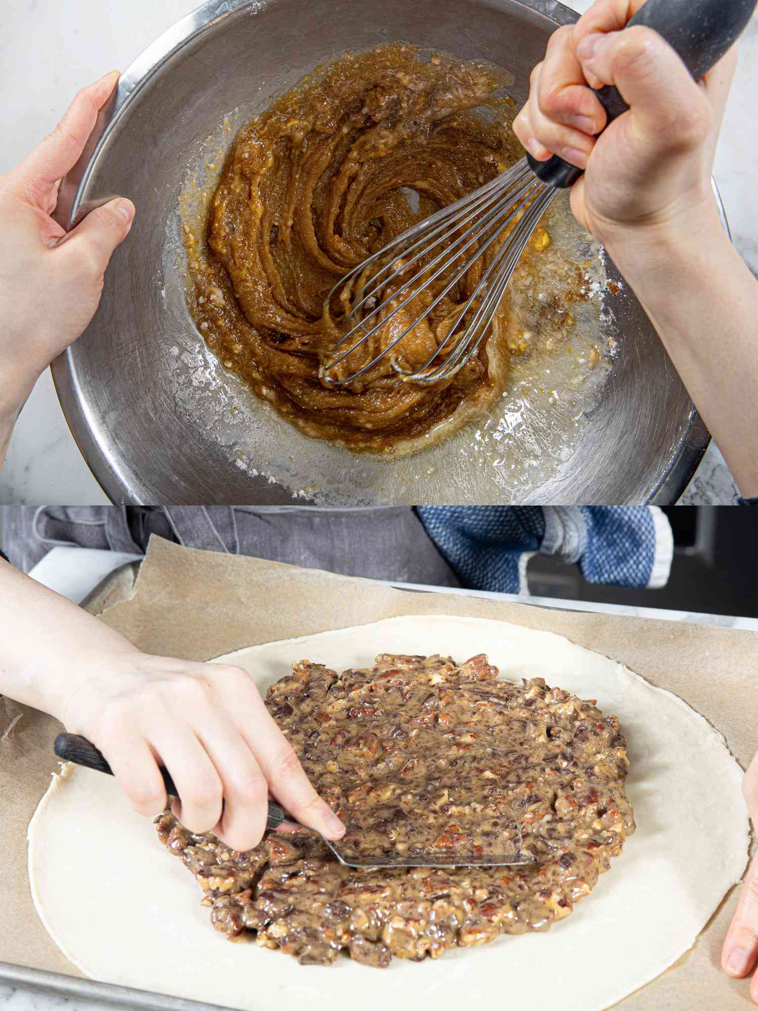 Two image collage of mixing the filling and placing it on the pie dough
